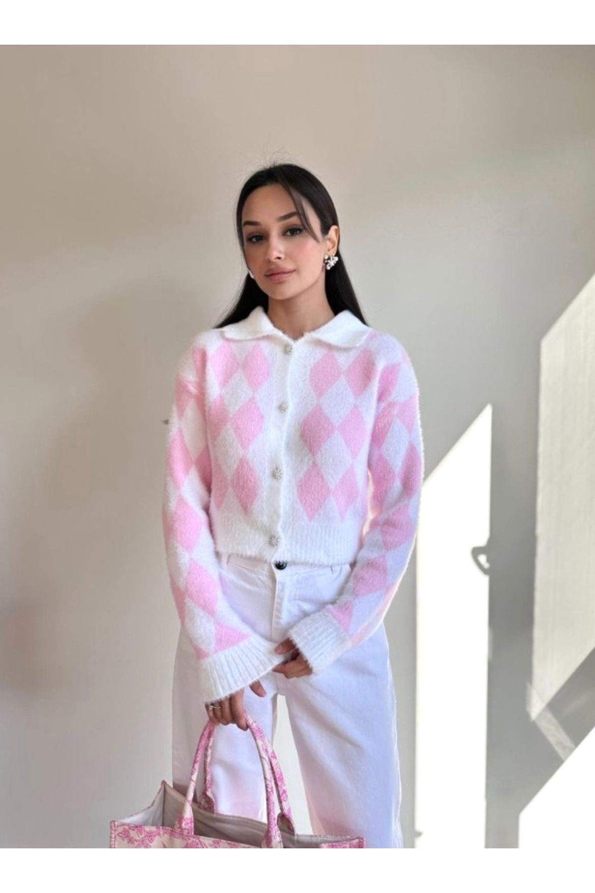 Pembe Baklava Desenli Crop Triko Hırka