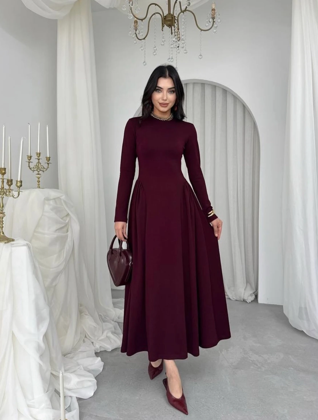 Bordo Kadın Piliseli Tasarım Elbise