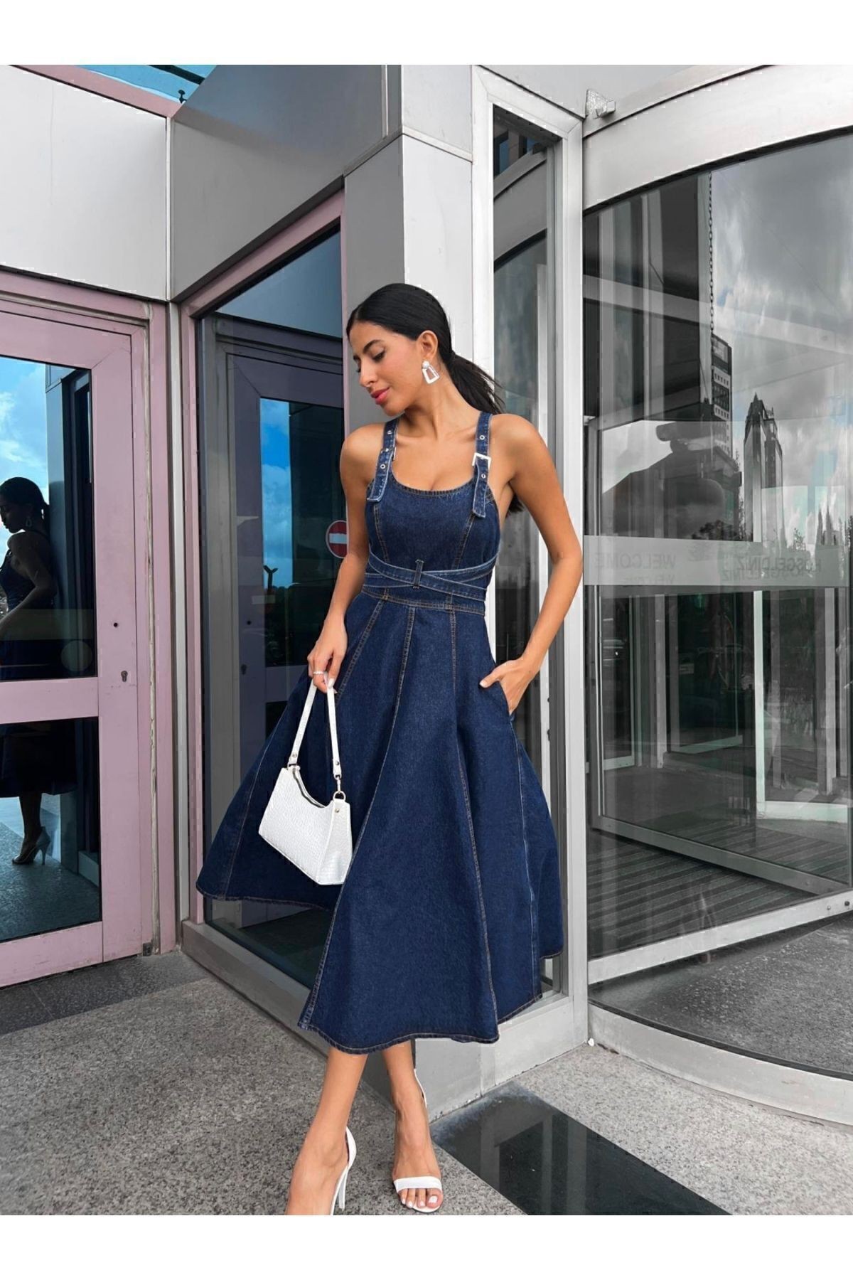 Lacivert Askılı Denim Midi Elbise