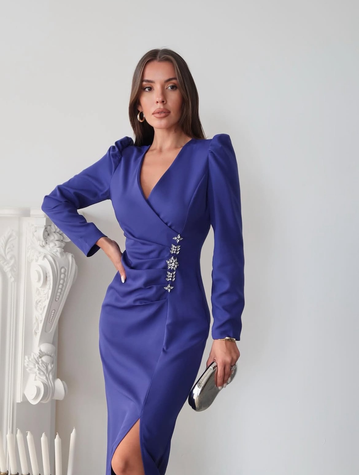 Saks Mavi Taş Baskılı Yırtmaçlı Elbise
