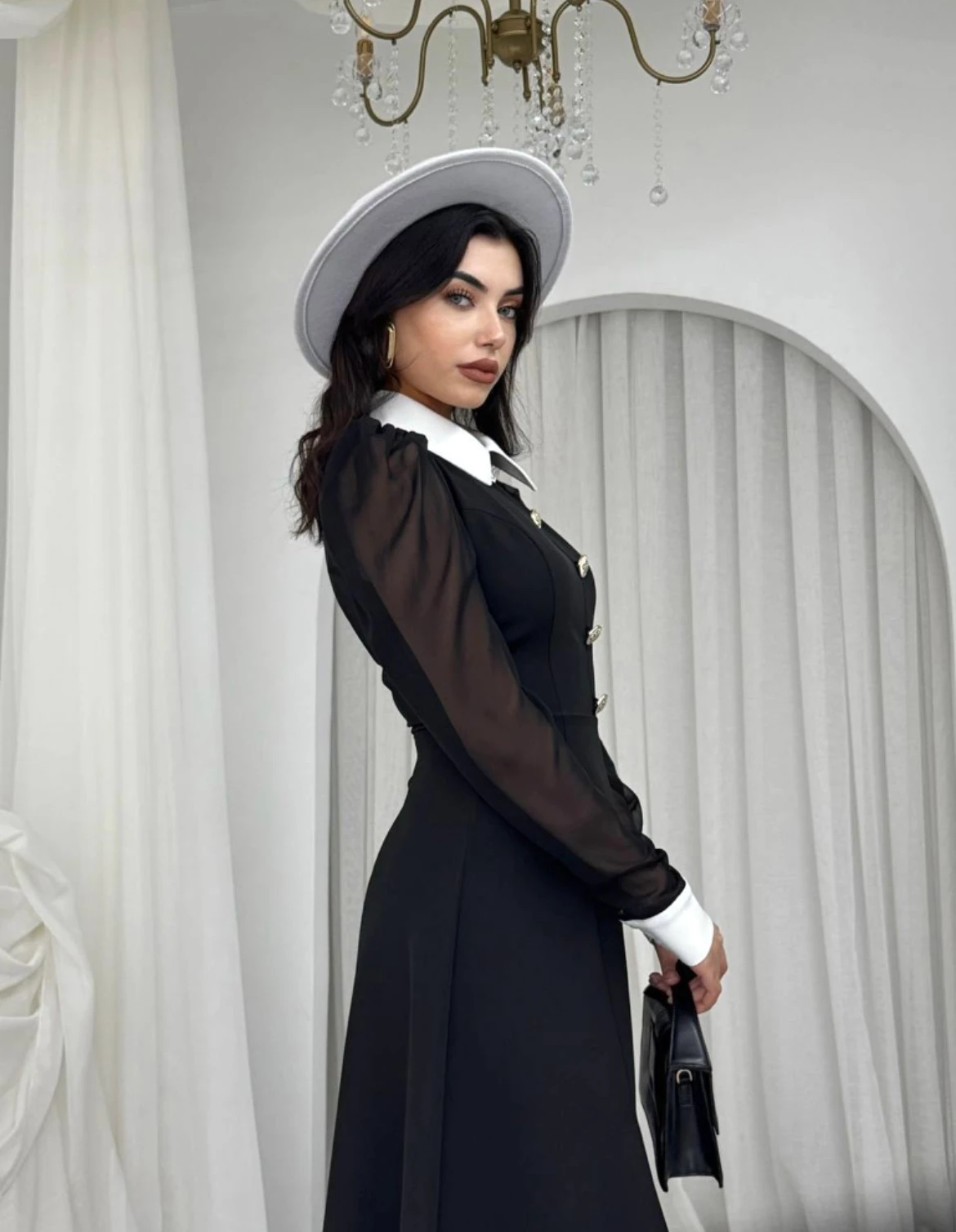 Siyah Kadın Şifon Kollu Düğme Detaylı Elbise