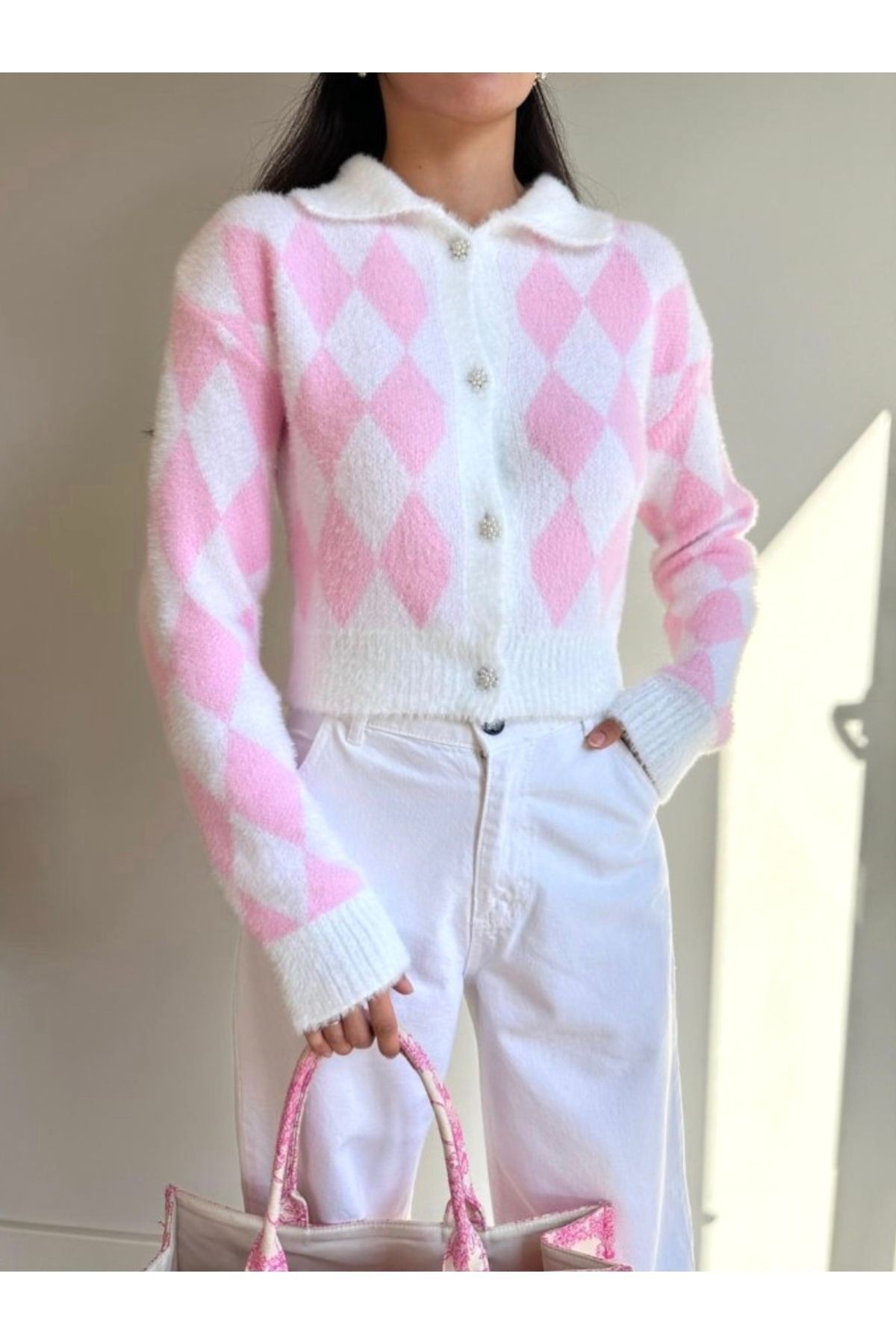 Pembe Baklava Desenli Crop Triko Hırka