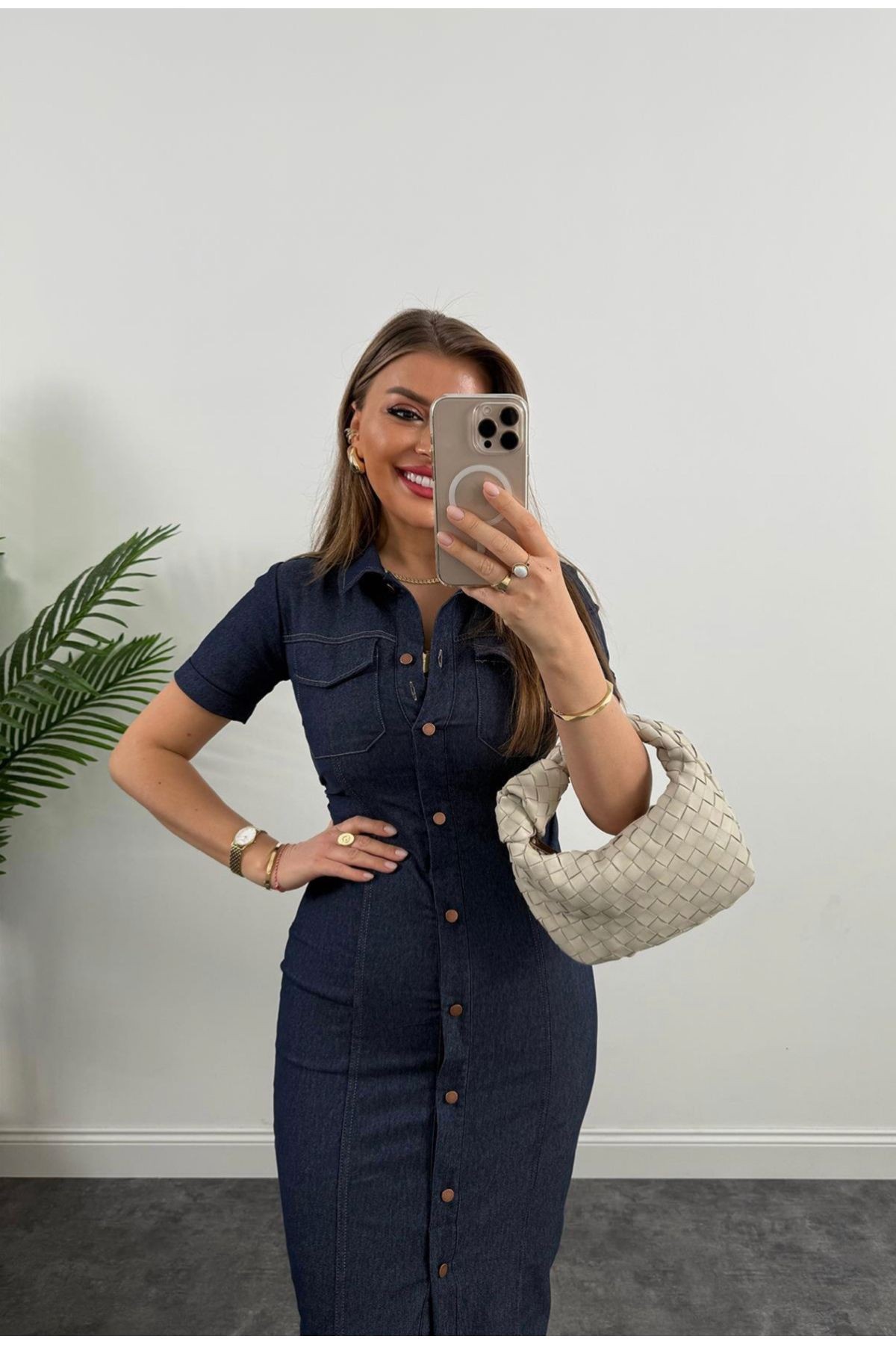 Lacivert Denim Önden Düğmeli Midi Elbise