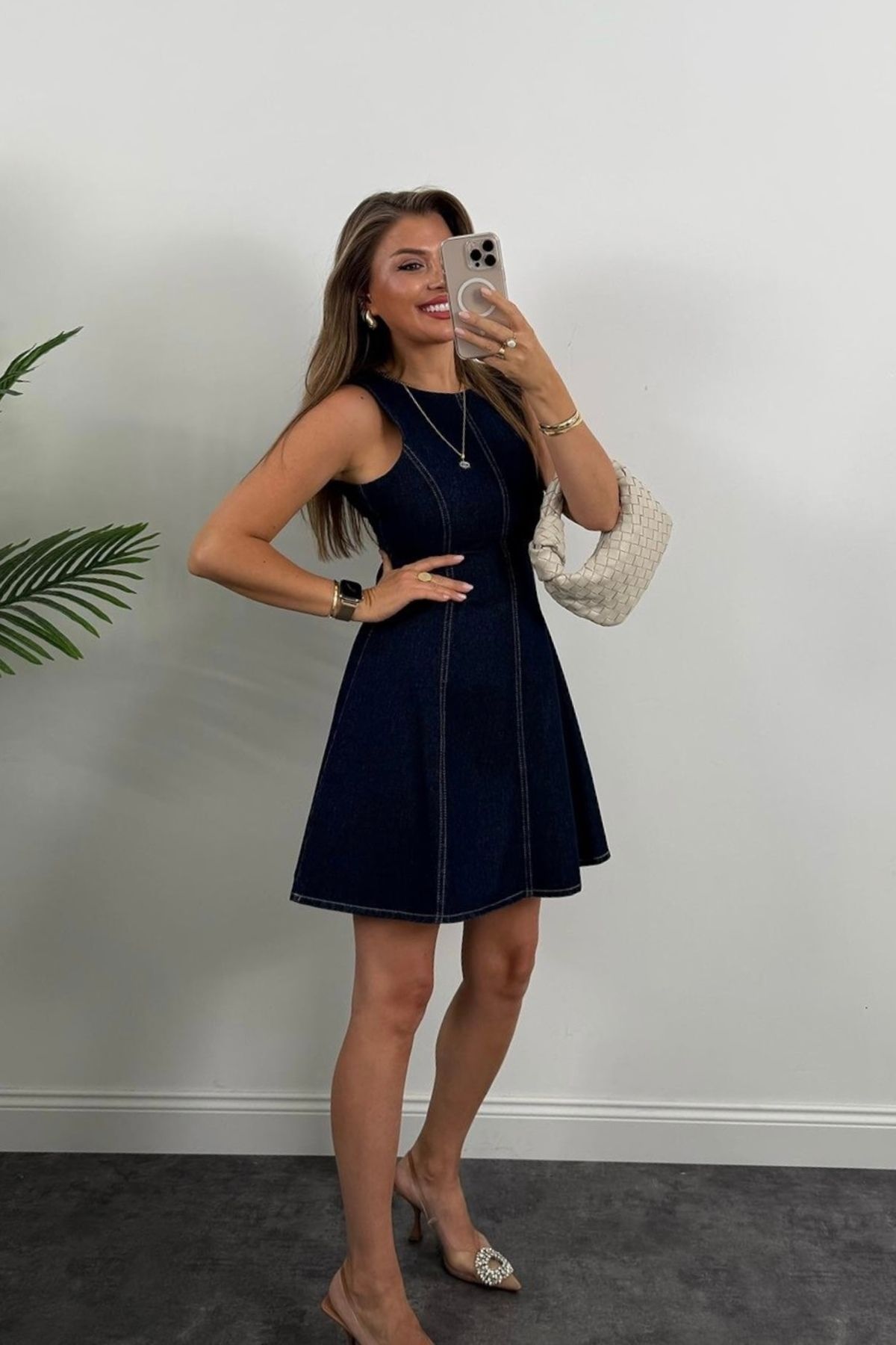 Lacivert Denim Dikiş Detaylı Kloş Mini Elbise