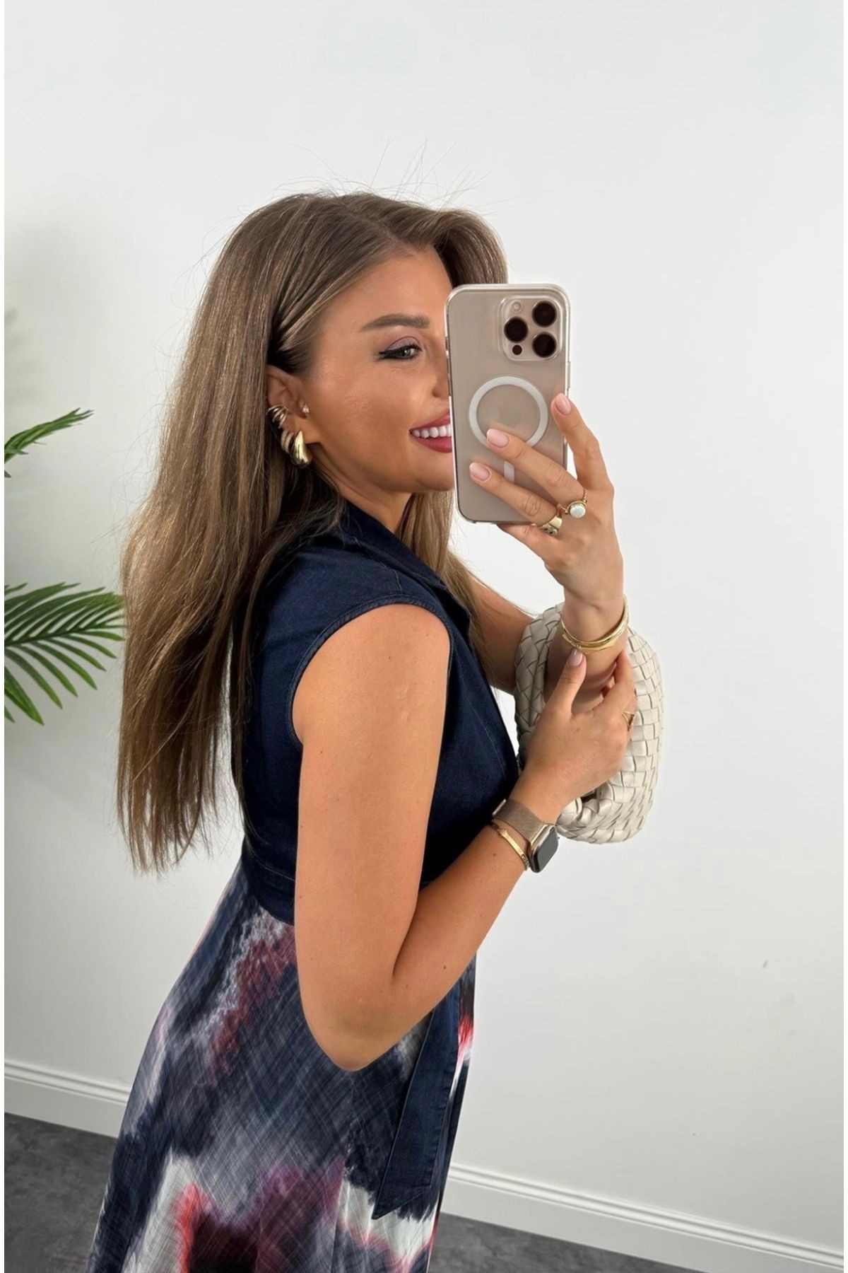 Lacivert Üstü Jean Altı Şifon Midi Boy Elbise