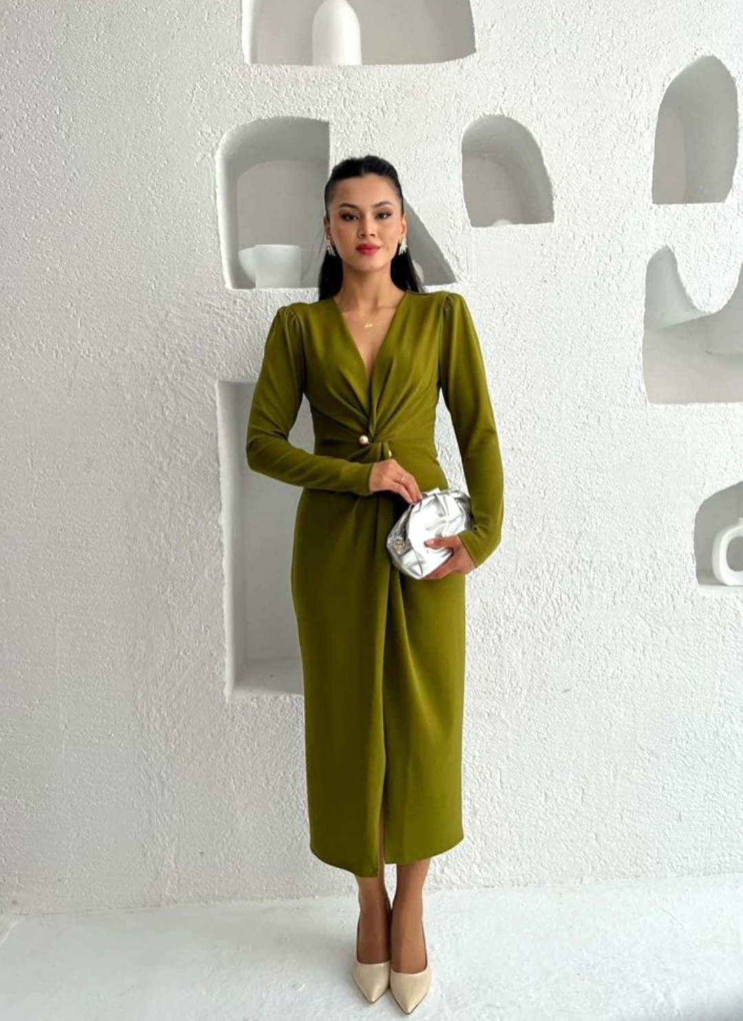 Yağ Yeşili Kruvaze Yaka Vatkalı Yırtmaçlı Elbise