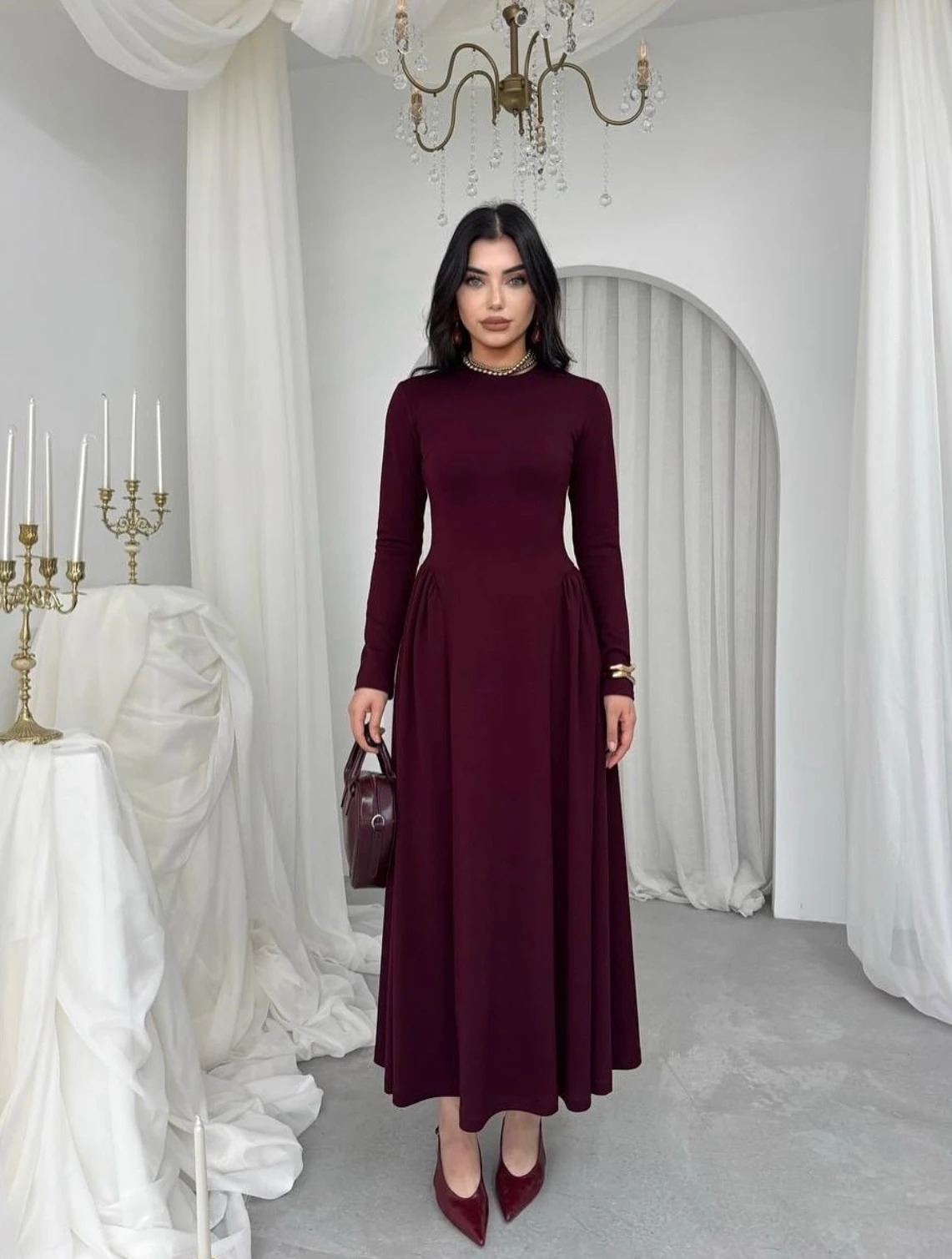 Bordo Kadın Piliseli Tasarım Elbise