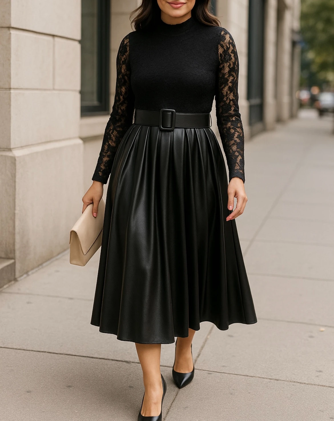 Siyah Kadın Kolları Dantel Detaylı Kemerli Deri Etekli Elbise