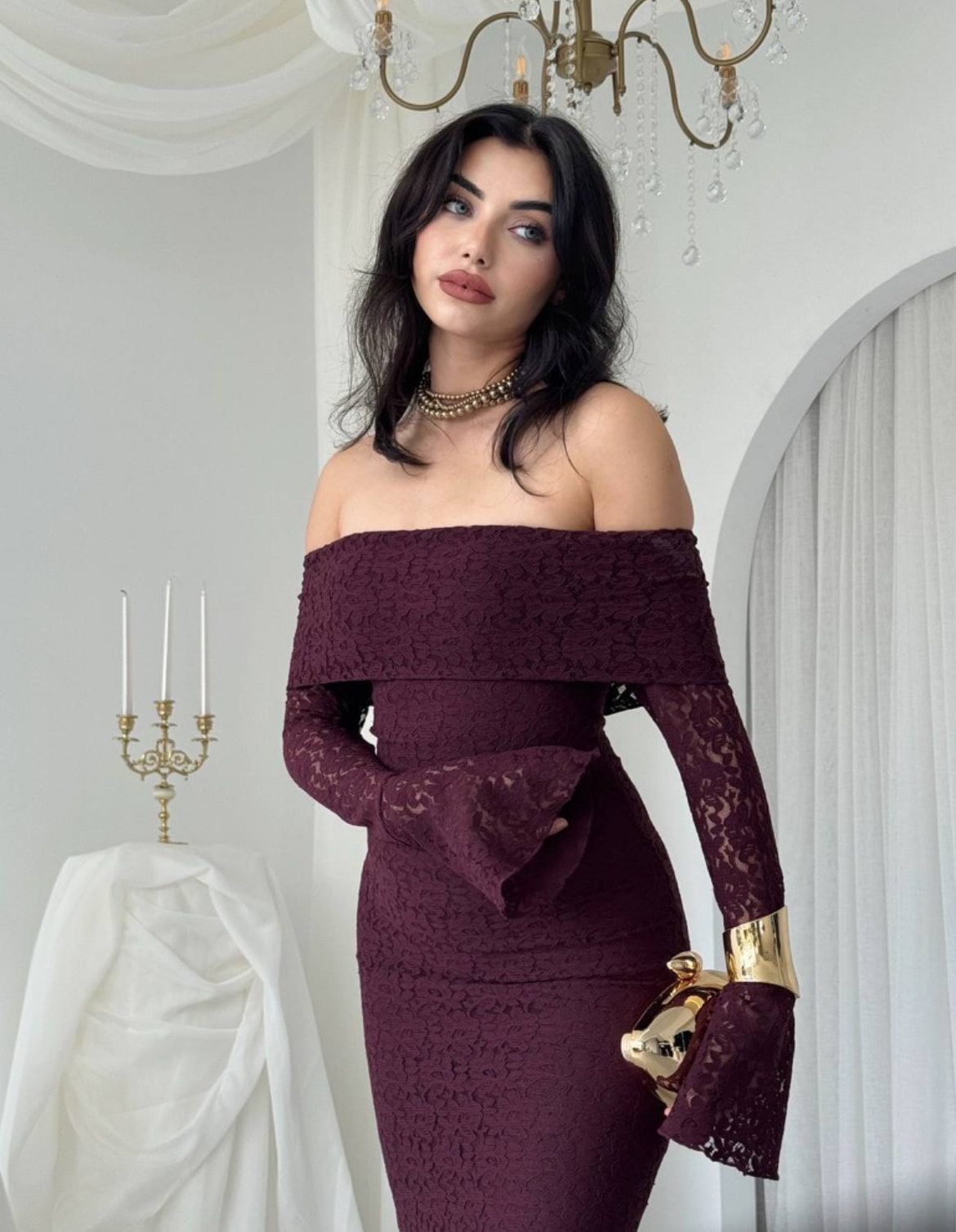 Mürdüm Moru Madonna Yaka Dantelli Elbise