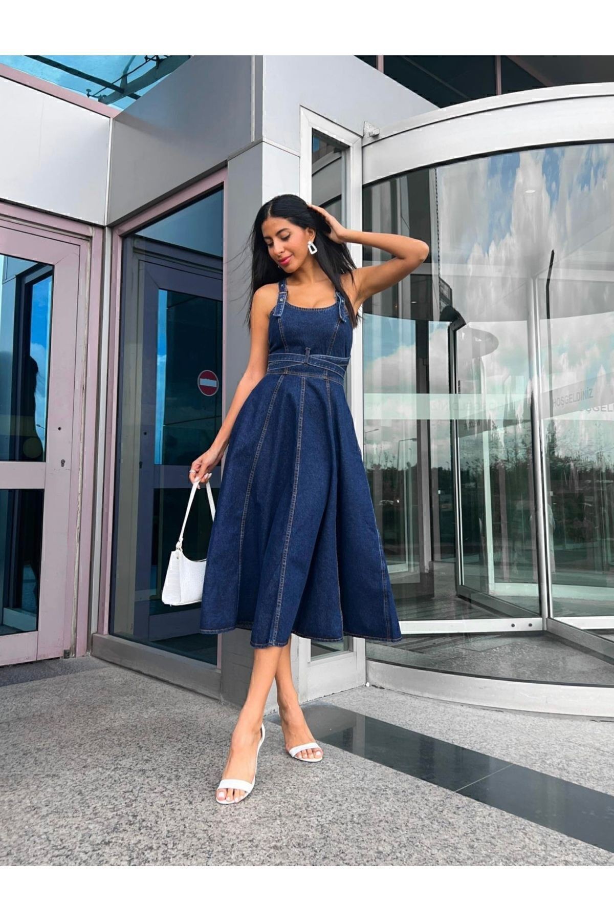 Lacivert Askılı Denim Midi Elbise