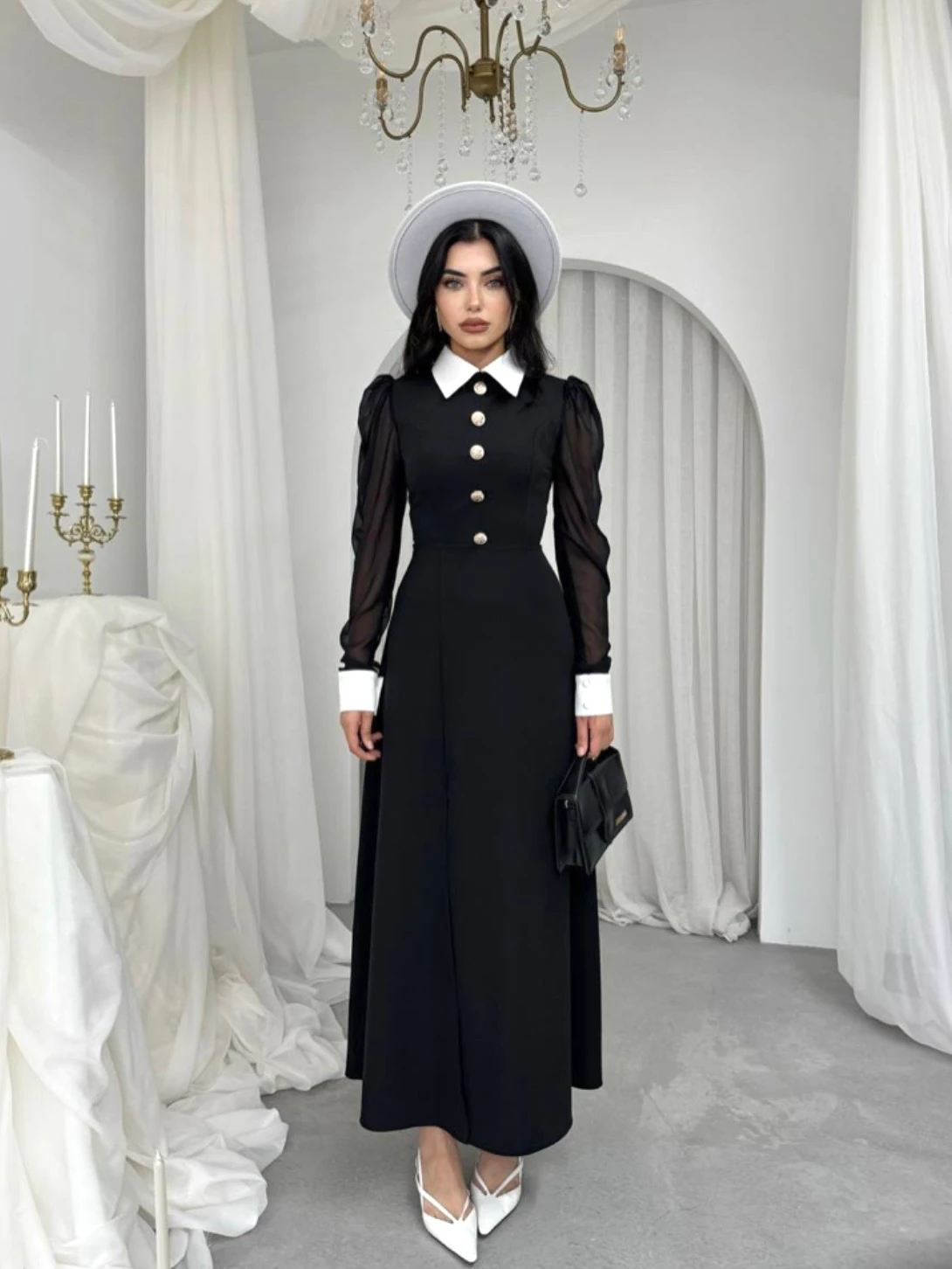 Siyah Kadın Şifon Kollu Düğme Detaylı Elbise