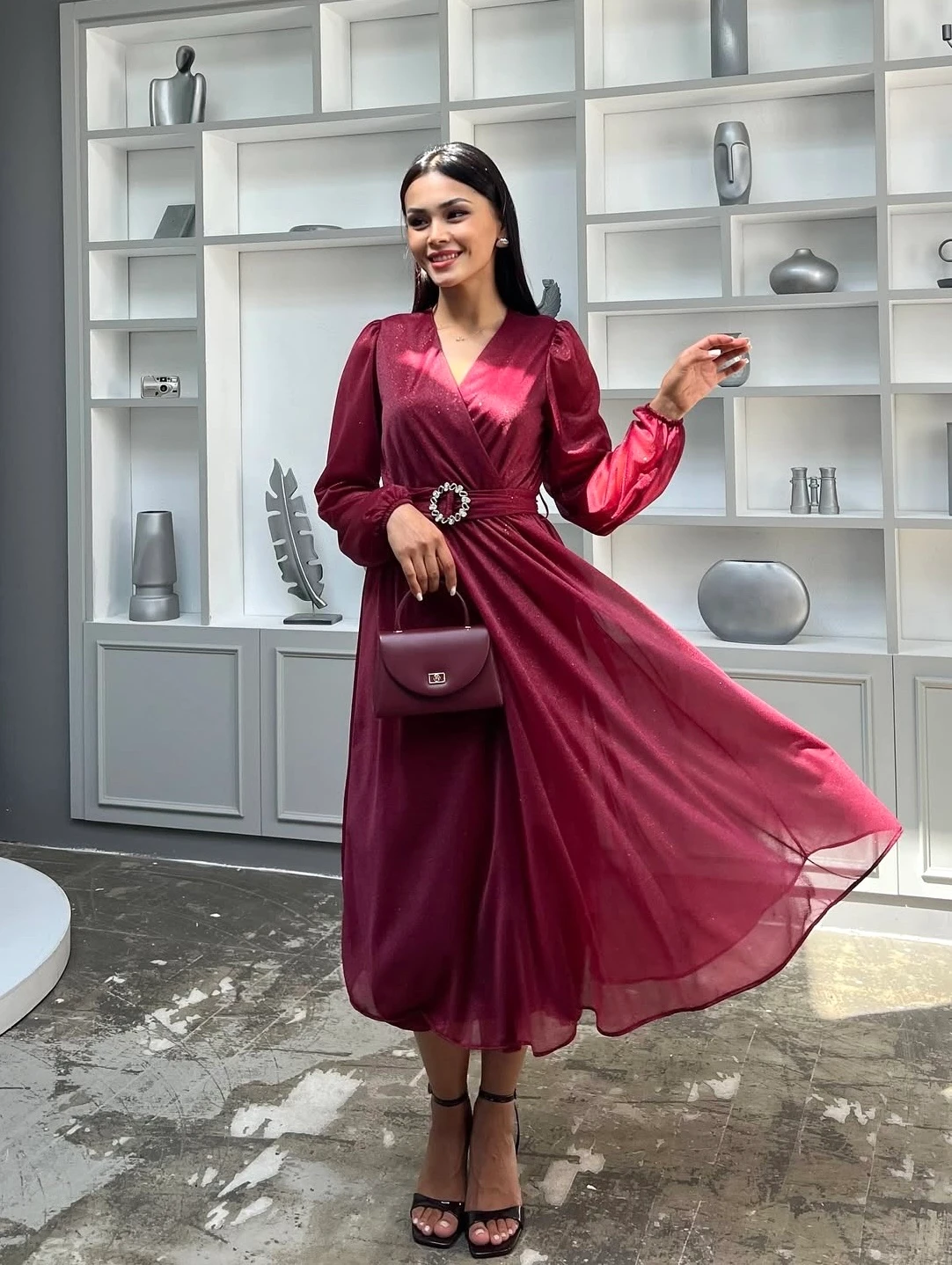 Bordo Kruvaze Yaka Simli Tül Elbise