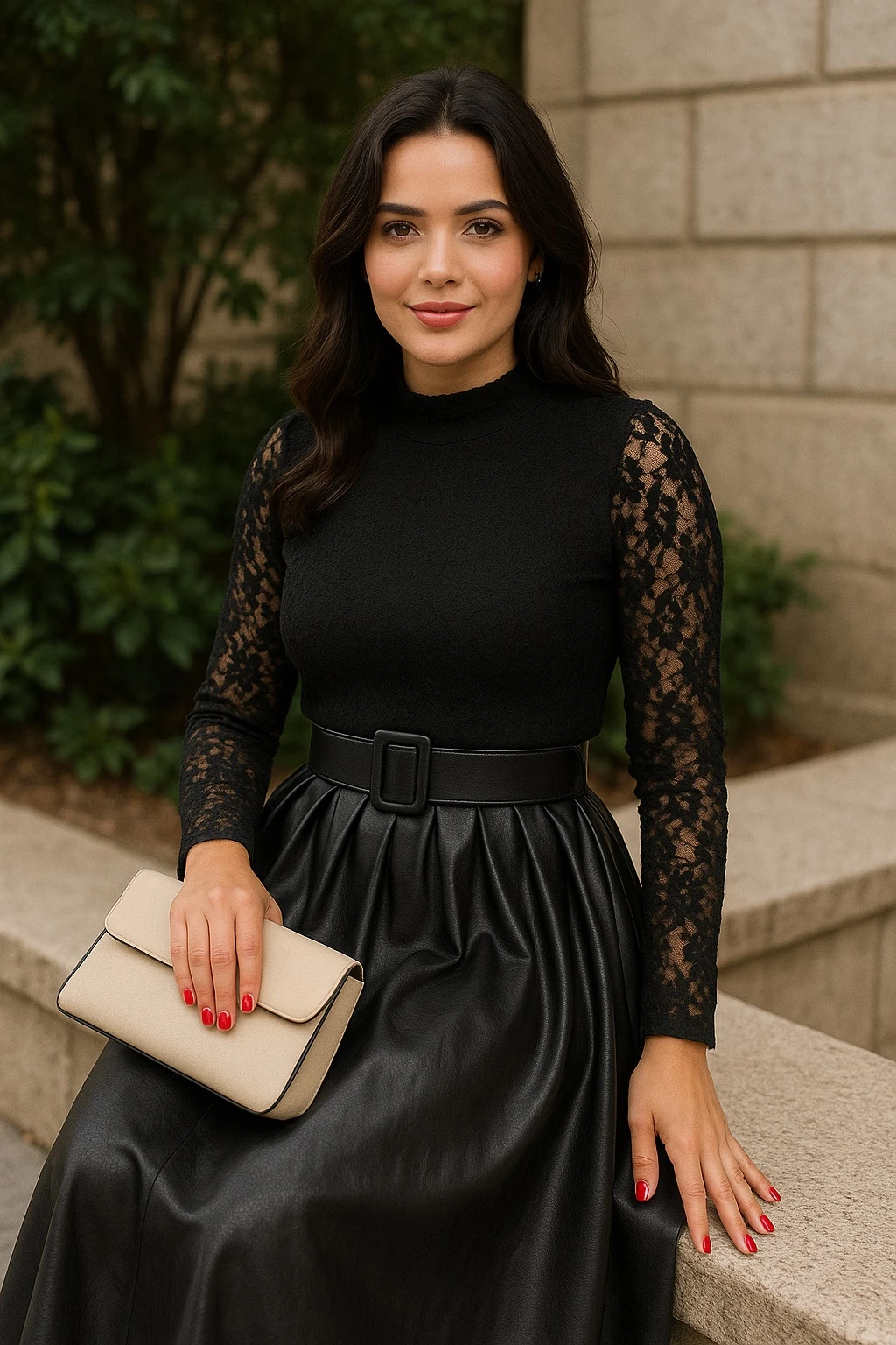 Siyah Kadın Kolları Dantel Detaylı Kemerli Deri Etekli Elbise