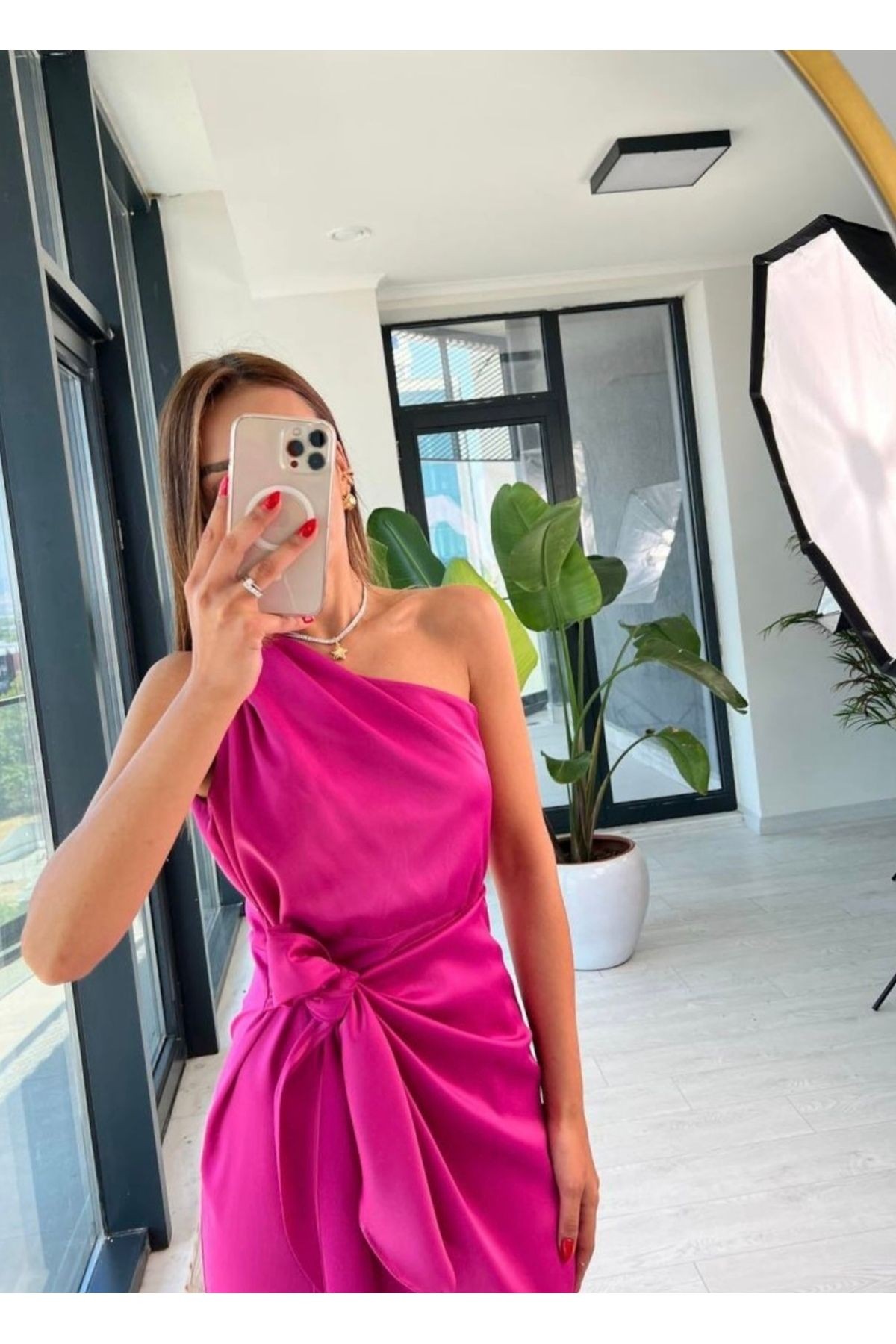 Pembe Tek Kol Saten Midi Elbise
