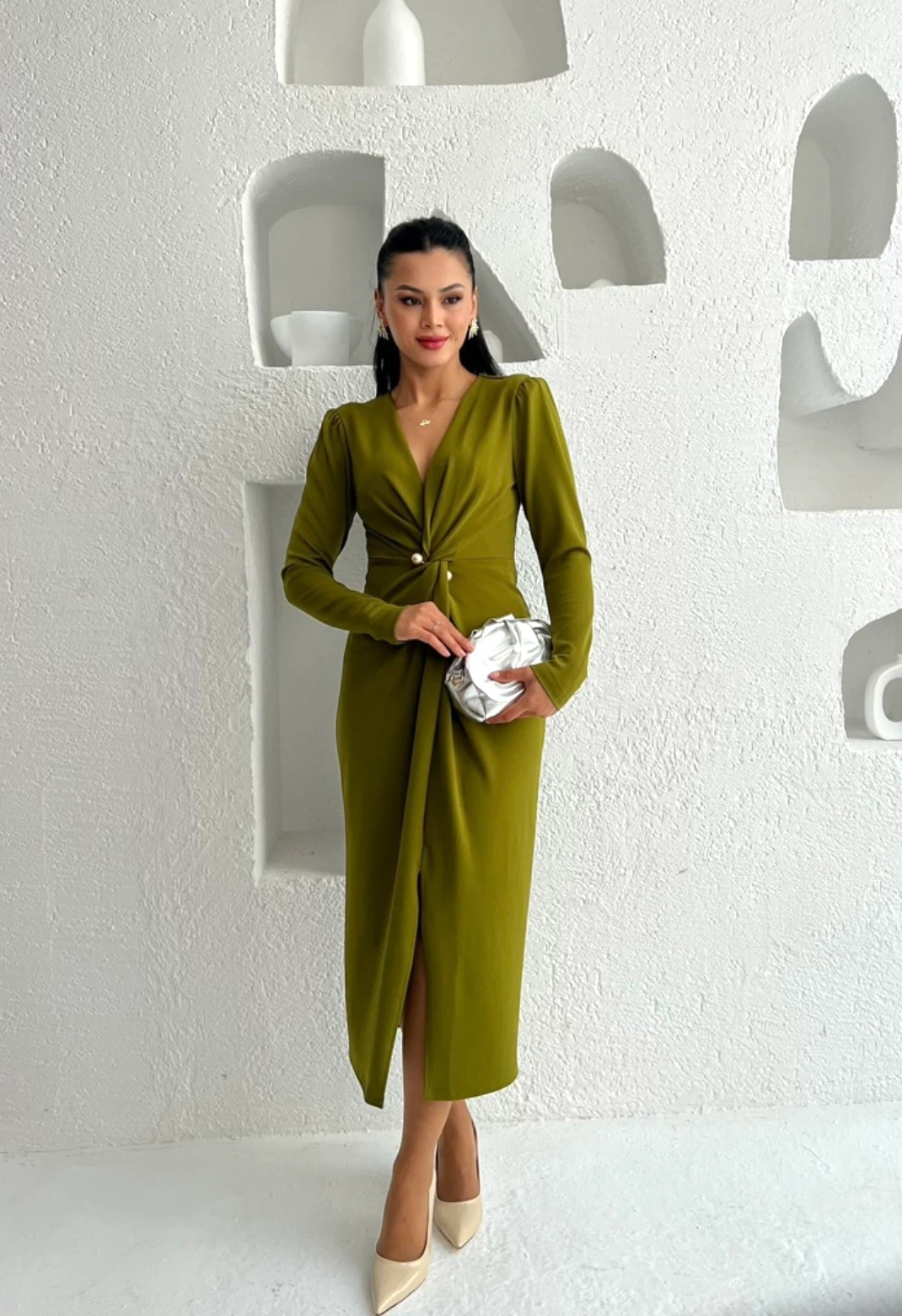 Yağ Yeşili Kruvaze Yaka Vatkalı Yırtmaçlı Elbise