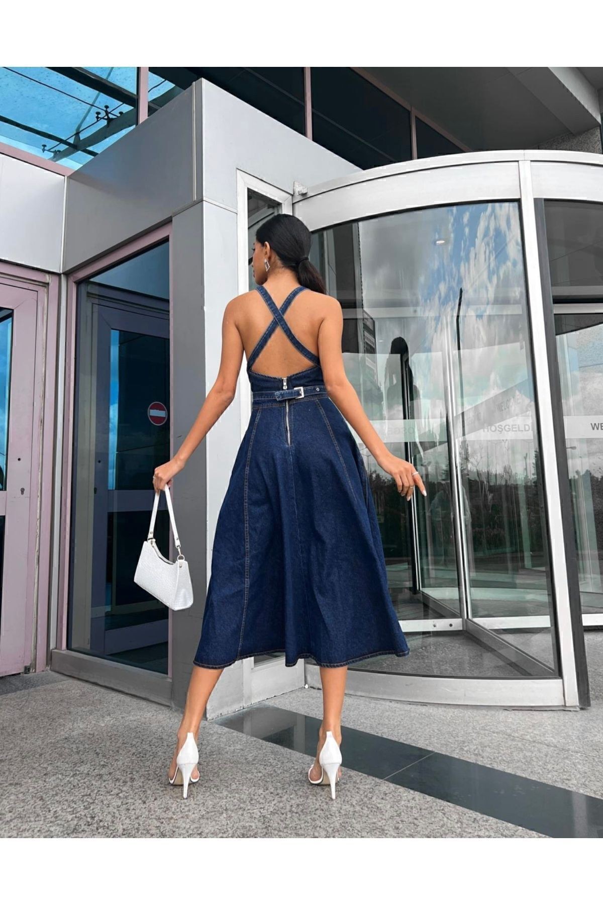 Lacivert Askılı Denim Midi Elbise