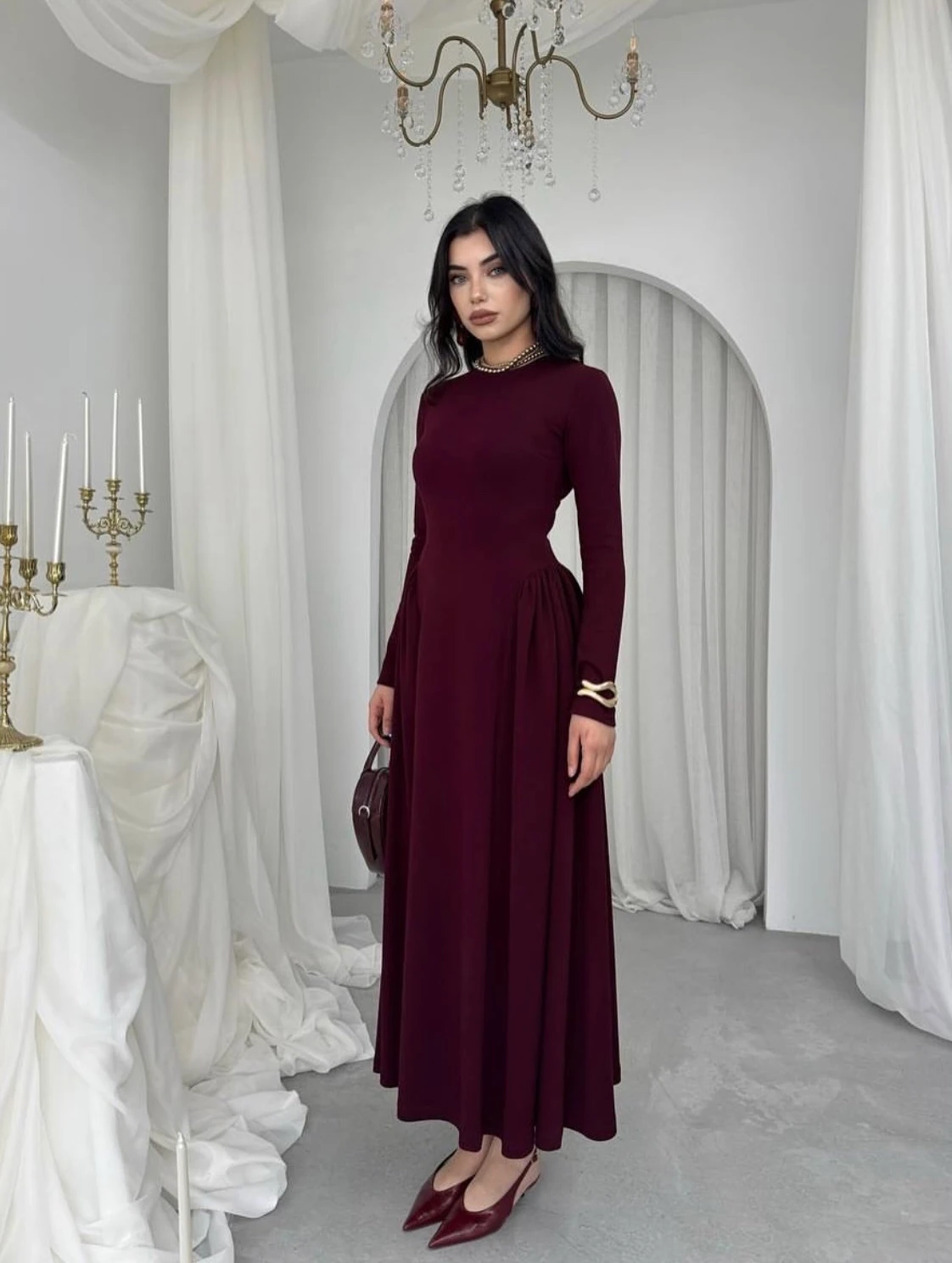 Bordo Kadın Piliseli Tasarım Elbise