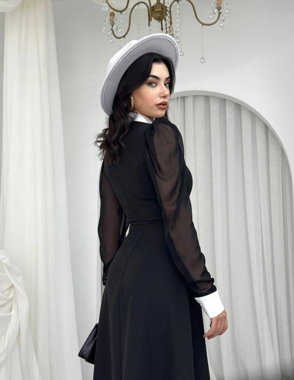 Siyah Kadın Şifon Kollu Düğme Detaylı Elbise