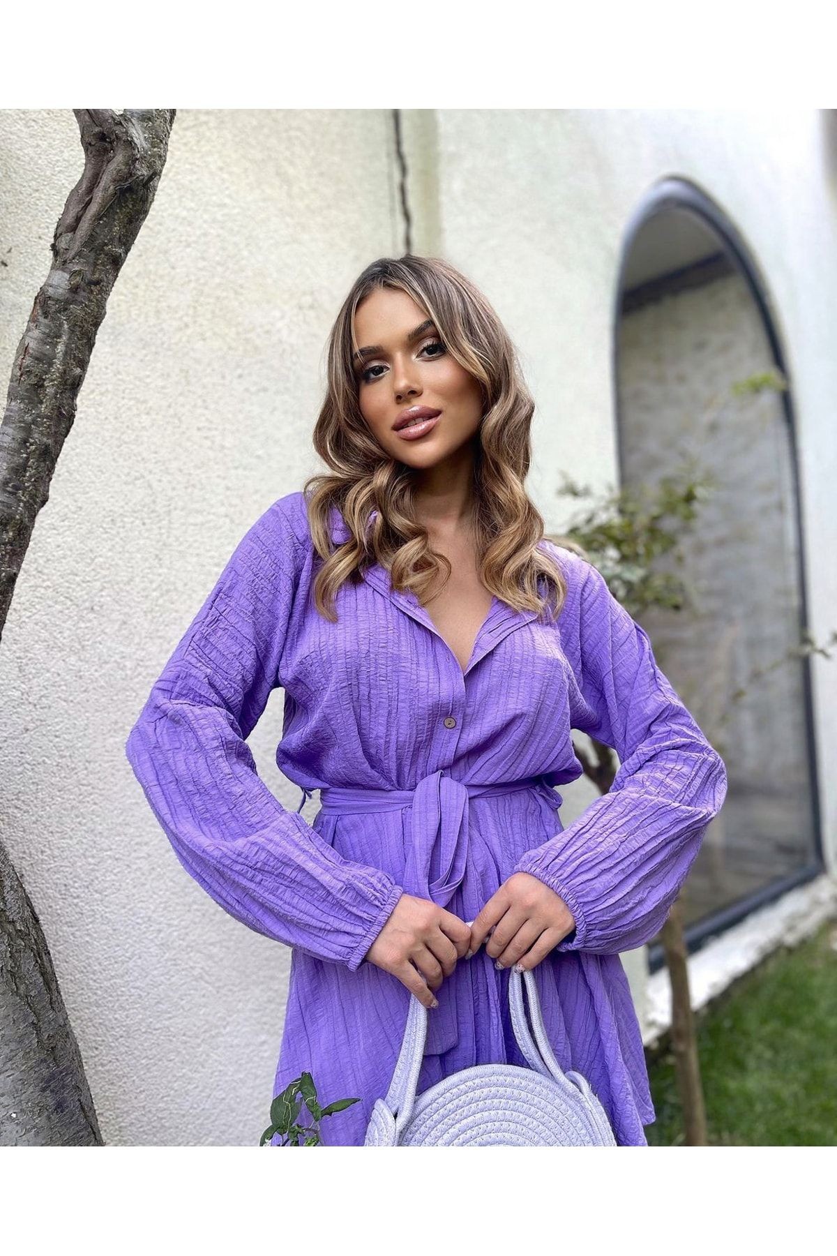 Mor Gofre Kumaş Kuşaklı Mini Elbise