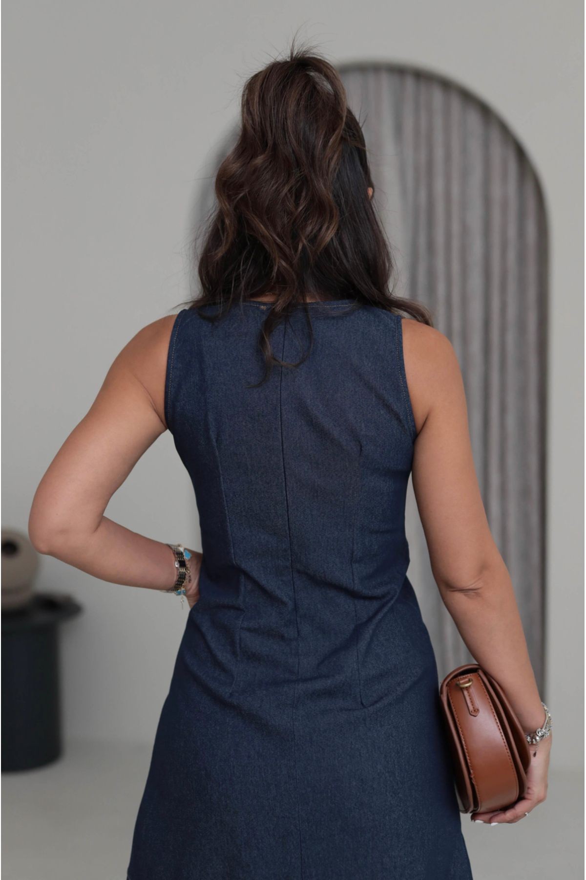 Lacivert Denim Dikiş Detaylı Cepli Midi Elbise