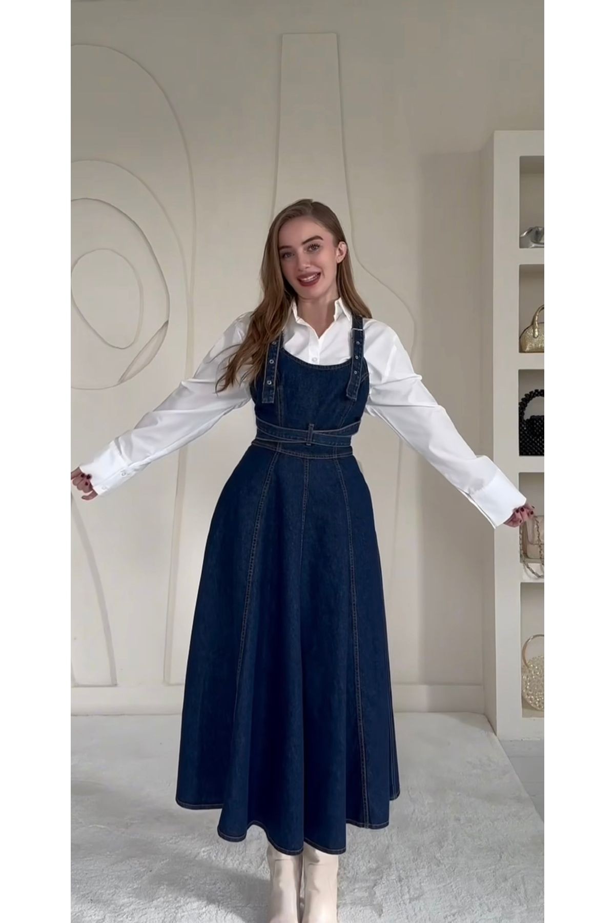 Lacivert Askılı Denim Midi Elbise