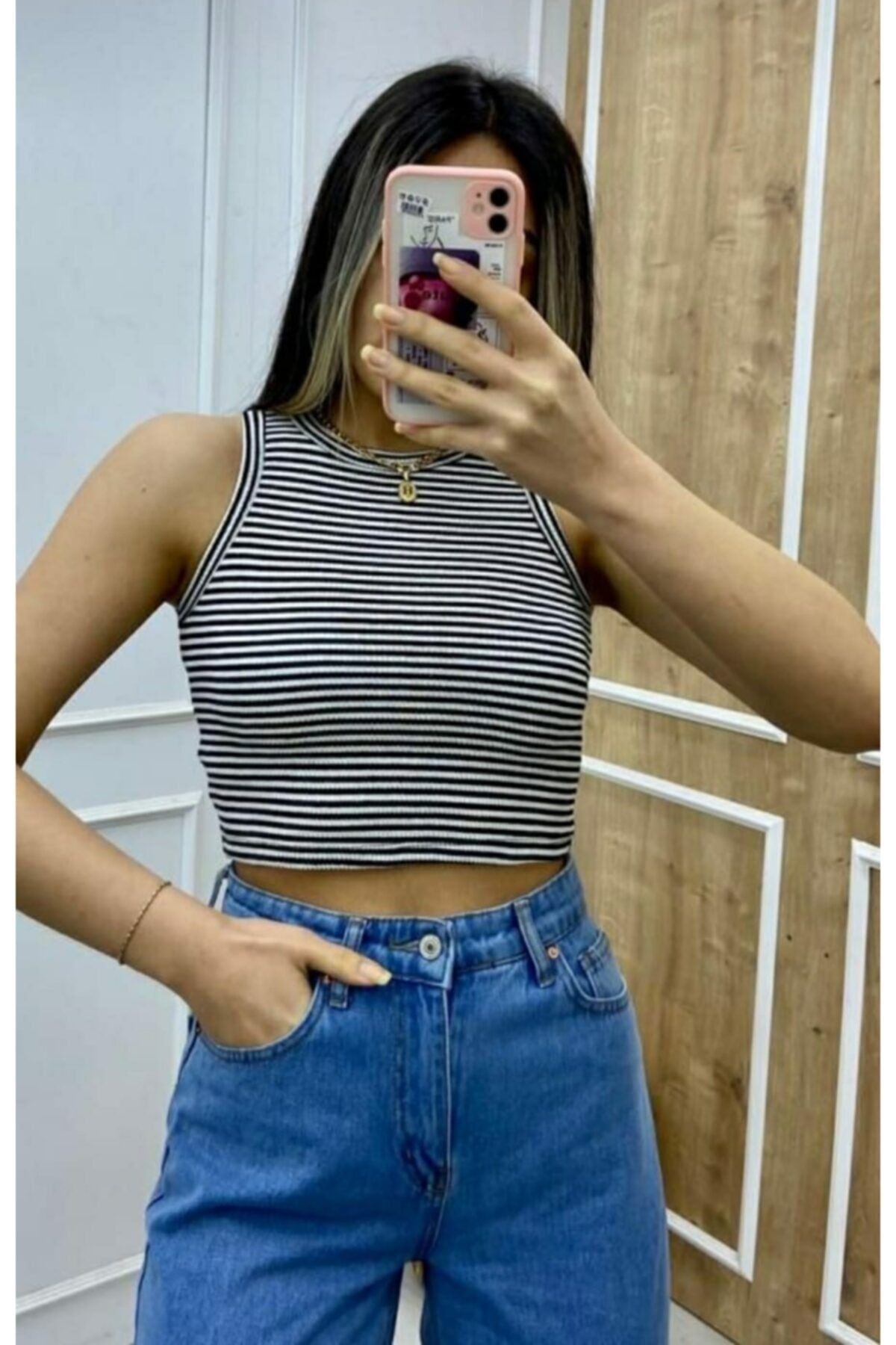 Yatay Çizgili Halter Yaka Crop Bluz