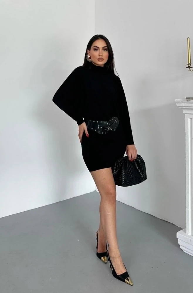 Siyah Kadın Yarasa Kol Kemerli Mini Elbise