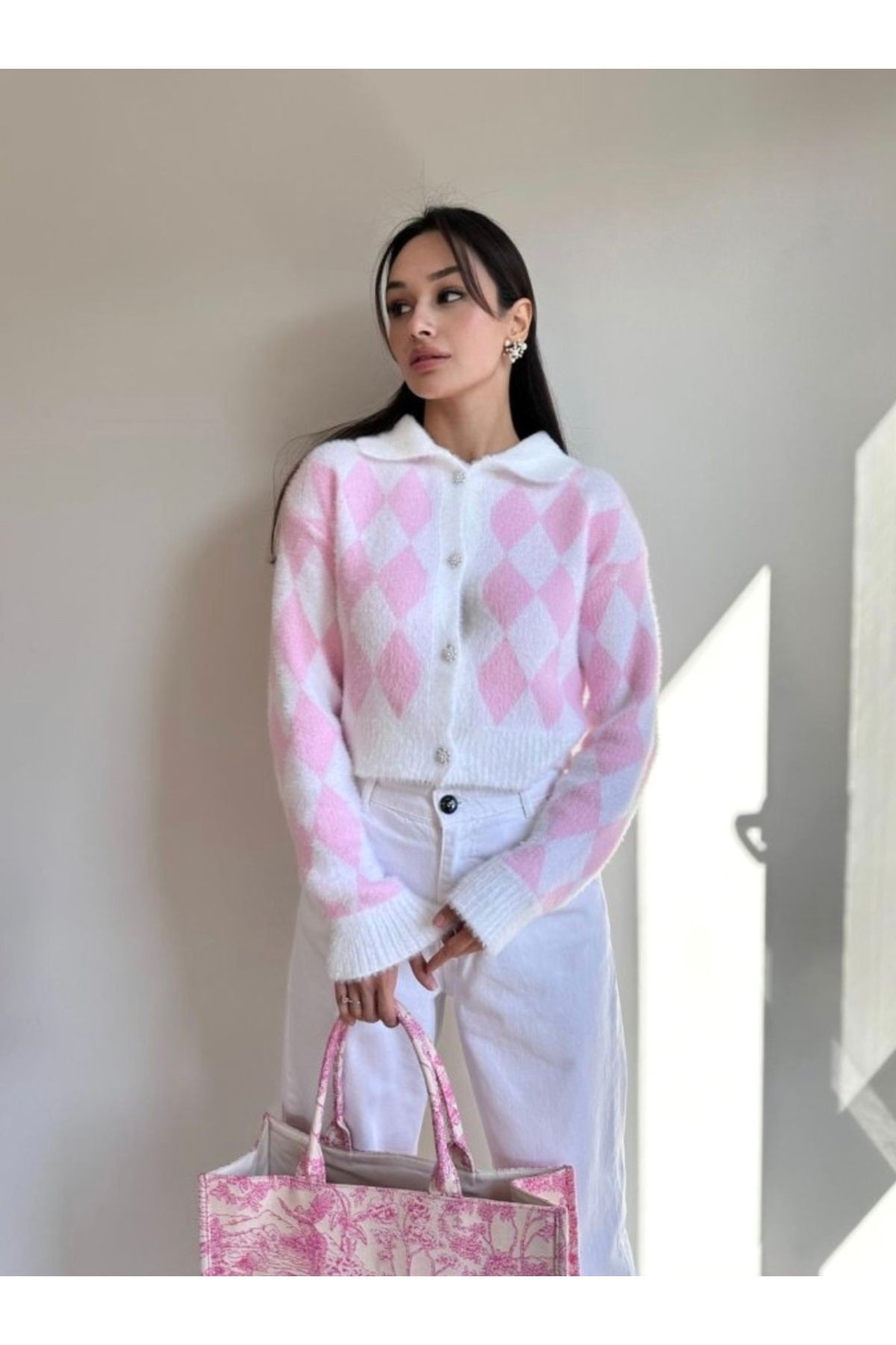 Pembe Baklava Desenli Crop Triko Hırka