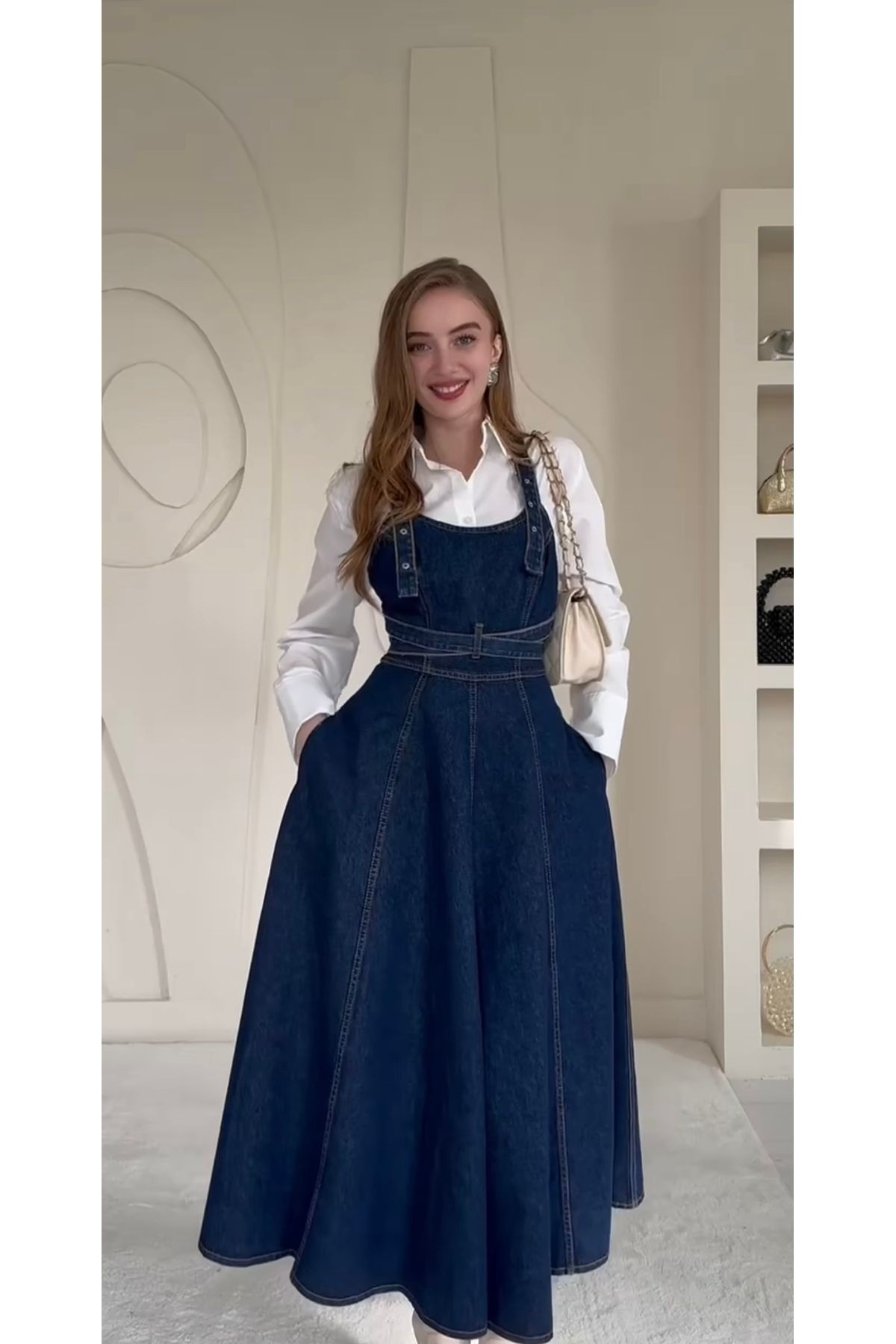 Lacivert Askılı Denim Midi Elbise