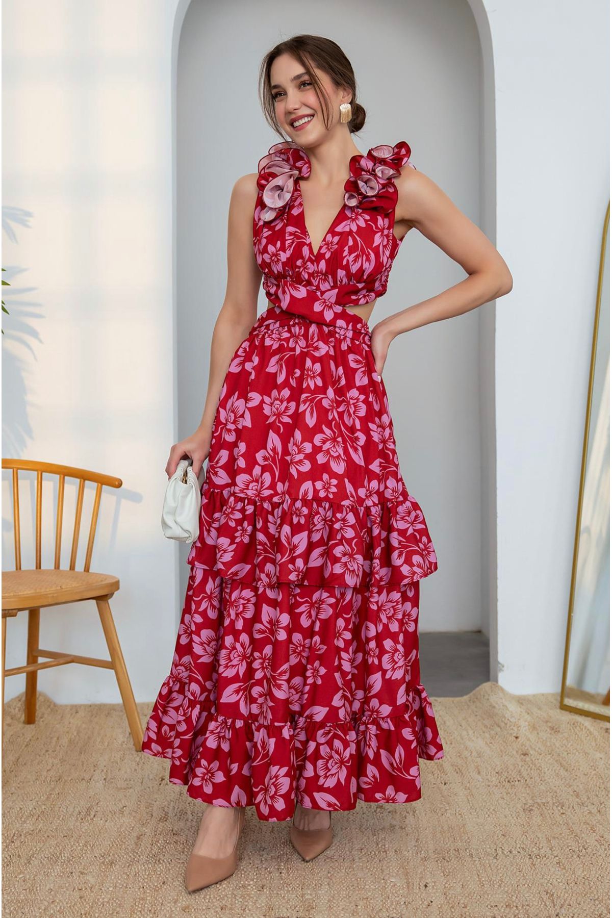 Bordo Bel Dekolteli Çiçek Desenli Kat Etekli Uzun Elbise