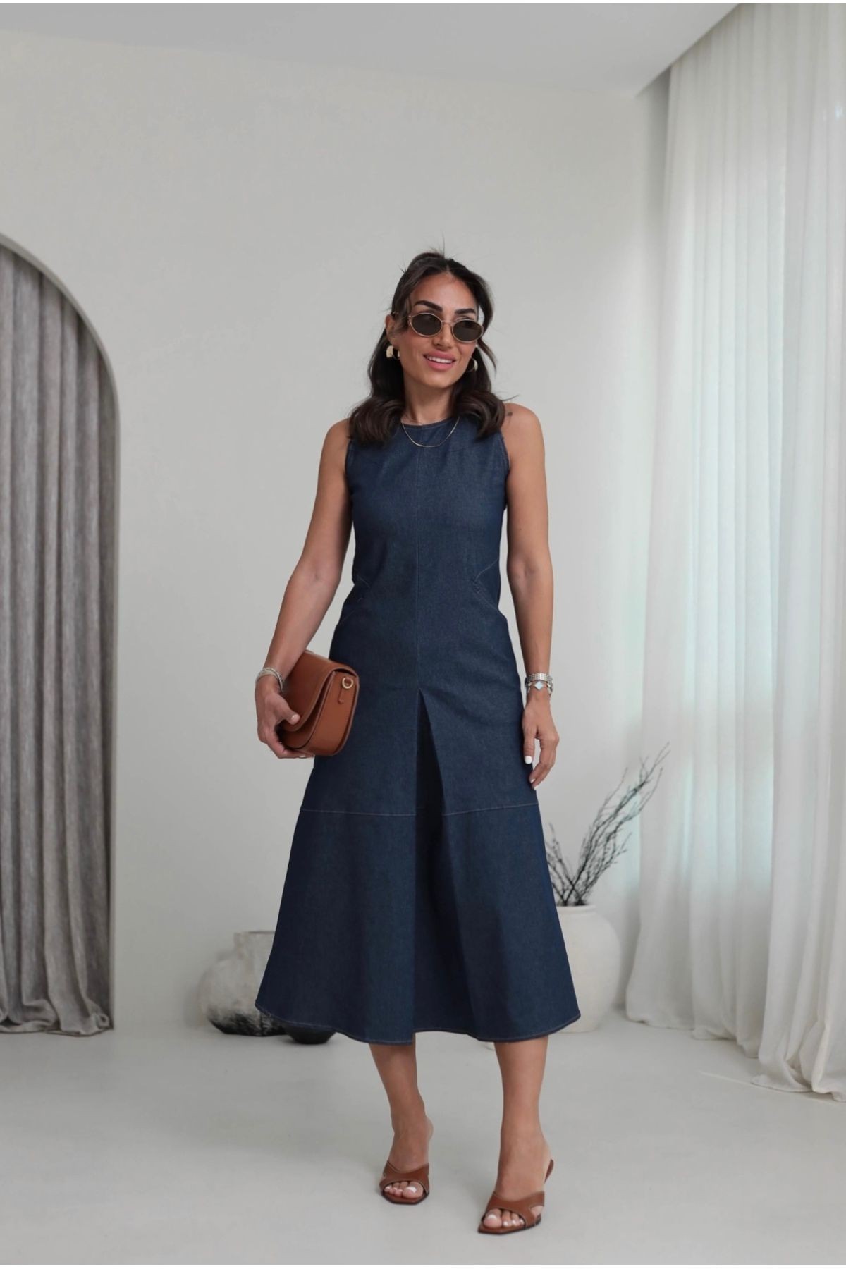 Lacivert Denim Dikiş Detaylı Cepli Midi Elbise