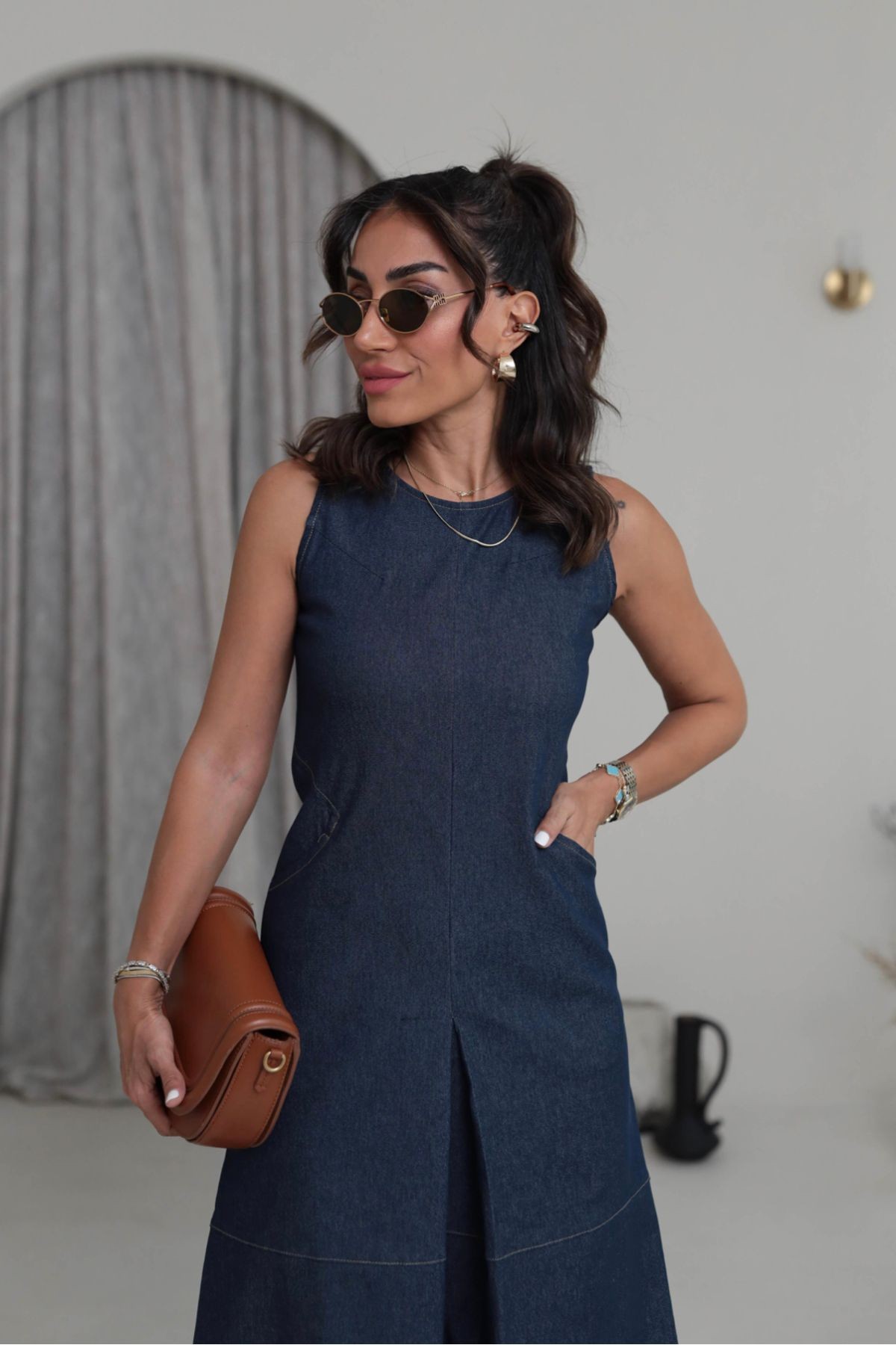 Lacivert Denim Dikiş Detaylı Cepli Midi Elbise