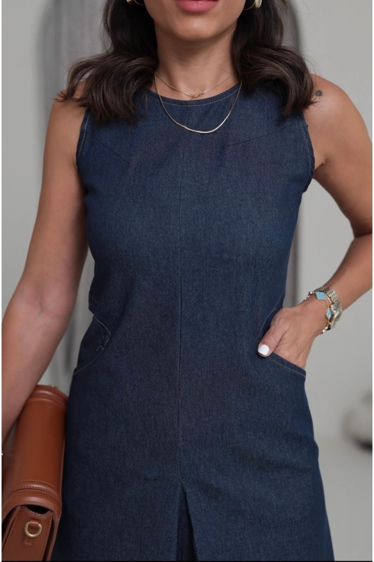 Lacivert Denim Dikiş Detaylı Cepli Midi Elbise