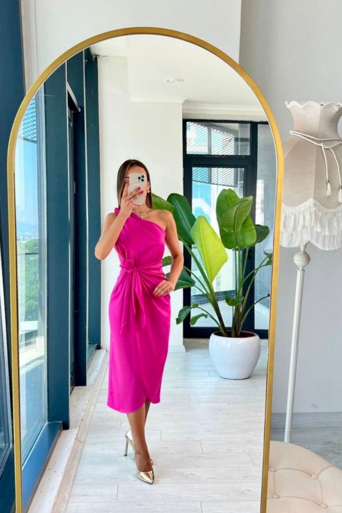 Pembe Tek Kol Saten Midi Elbise