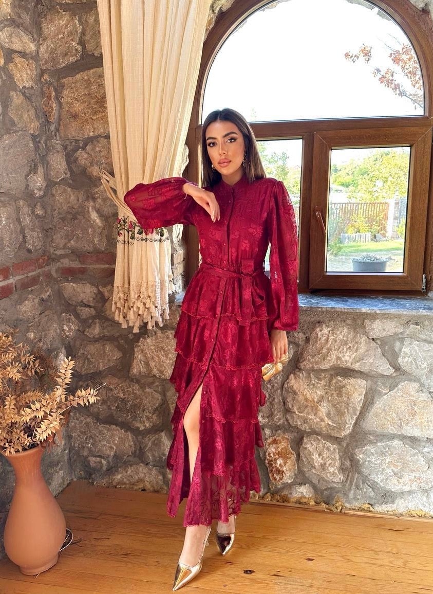 Bordo Fisto Kuşaklı Volanlı Midi Elbise