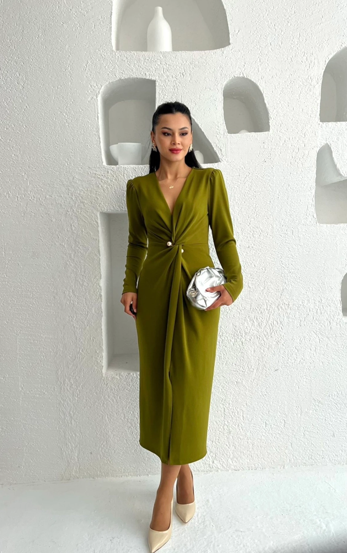 Yağ Yeşili Kruvaze Yaka Vatkalı Yırtmaçlı Elbise