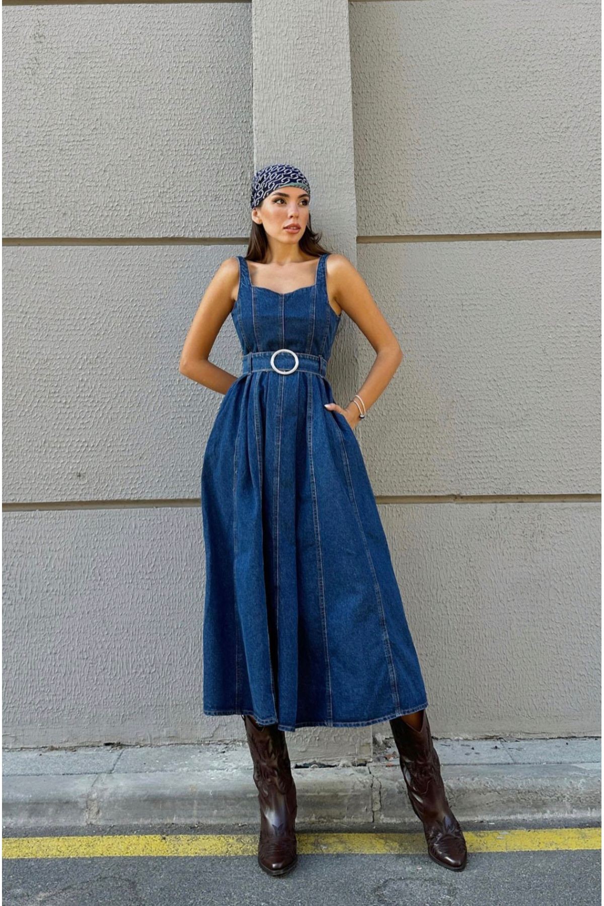 Lacivert Askılı Kemerli Denim Elbise