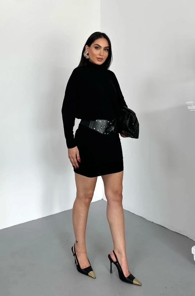 Siyah Kadın Yarasa Kol Kemerli Mini Elbise