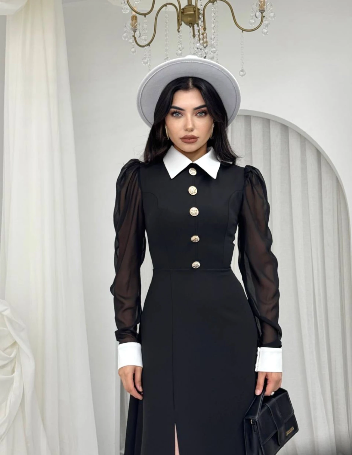 Siyah Kadın Şifon Kollu Düğme Detaylı Elbise