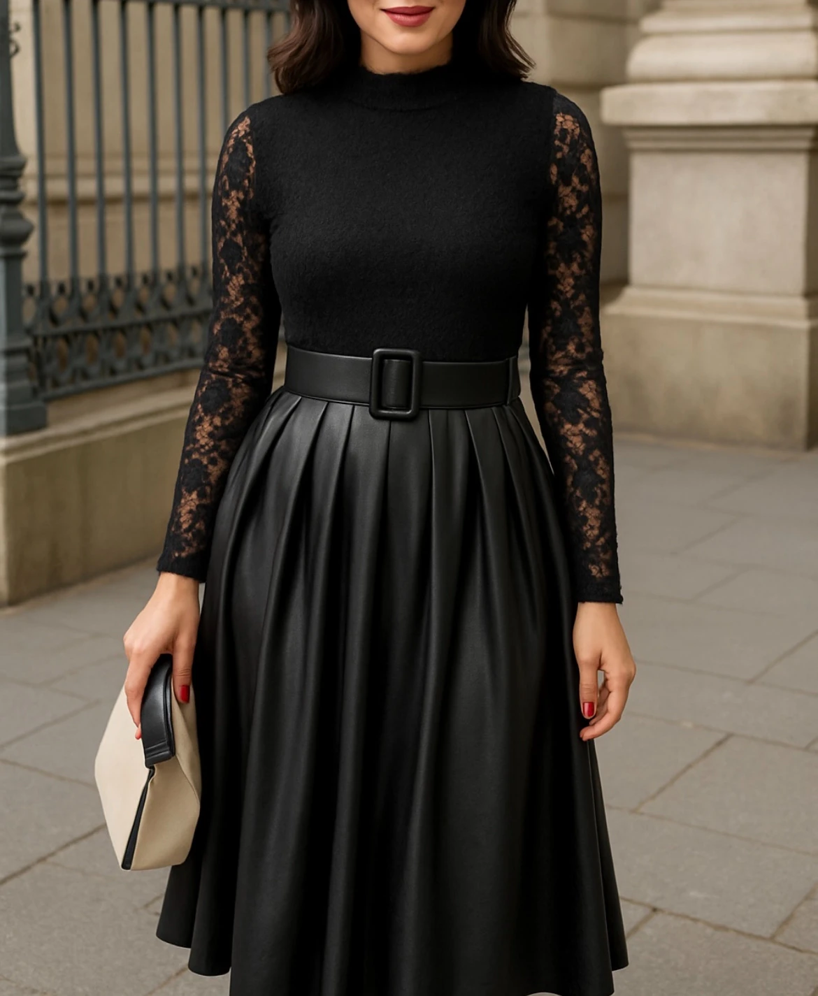 Siyah Kadın Kolları Dantel Detaylı Kemerli Deri Etekli Elbise