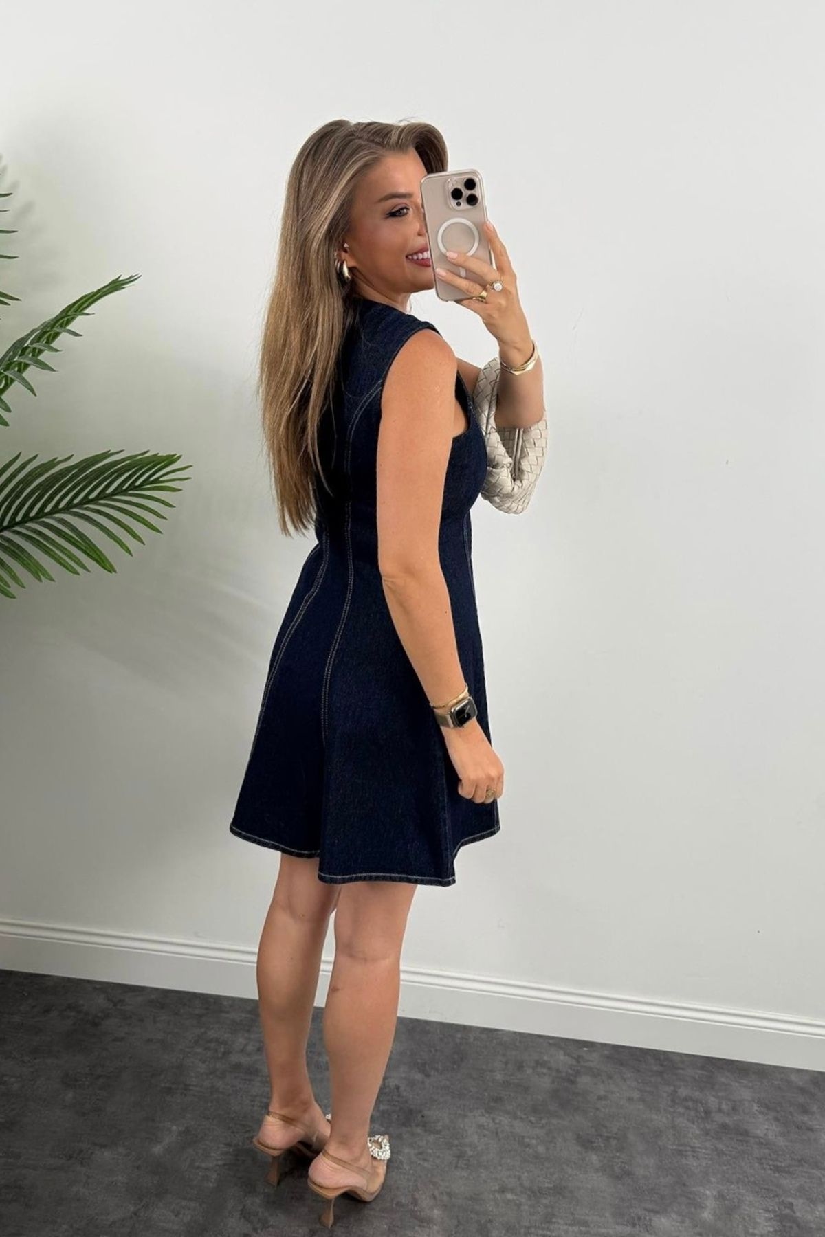Lacivert Denim Dikiş Detaylı Kloş Mini Elbise