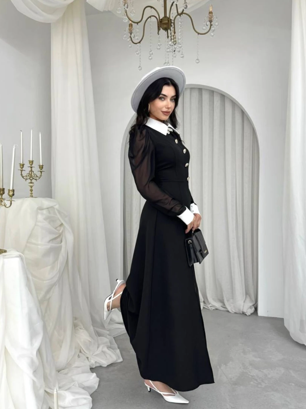 Siyah Kadın Şifon Kollu Düğme Detaylı Elbise