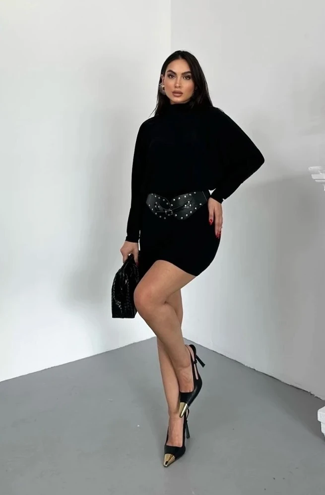 Siyah Kadın Yarasa Kol Kemerli Mini Elbise