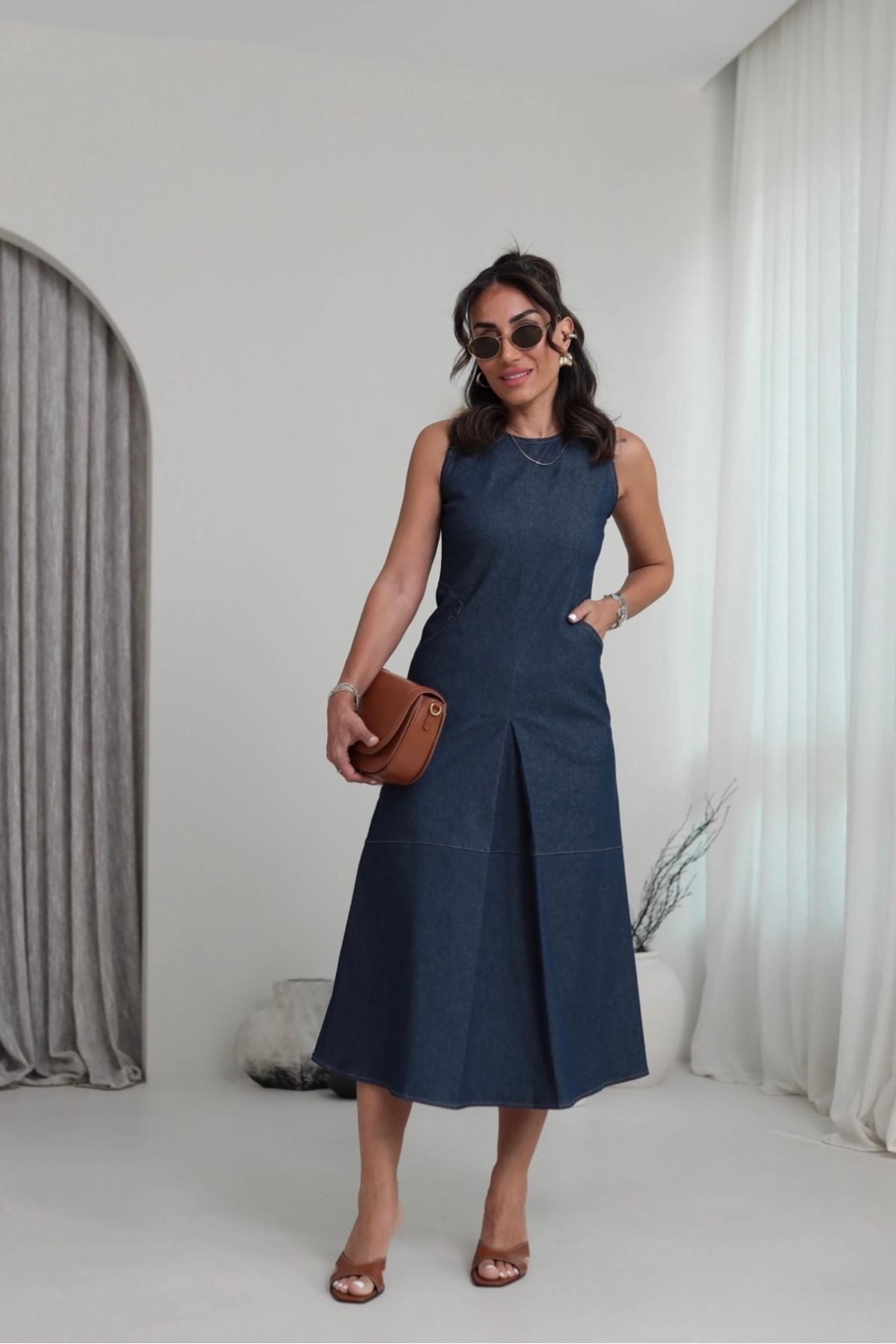 Lacivert Denim Dikiş Detaylı Cepli Midi Elbise