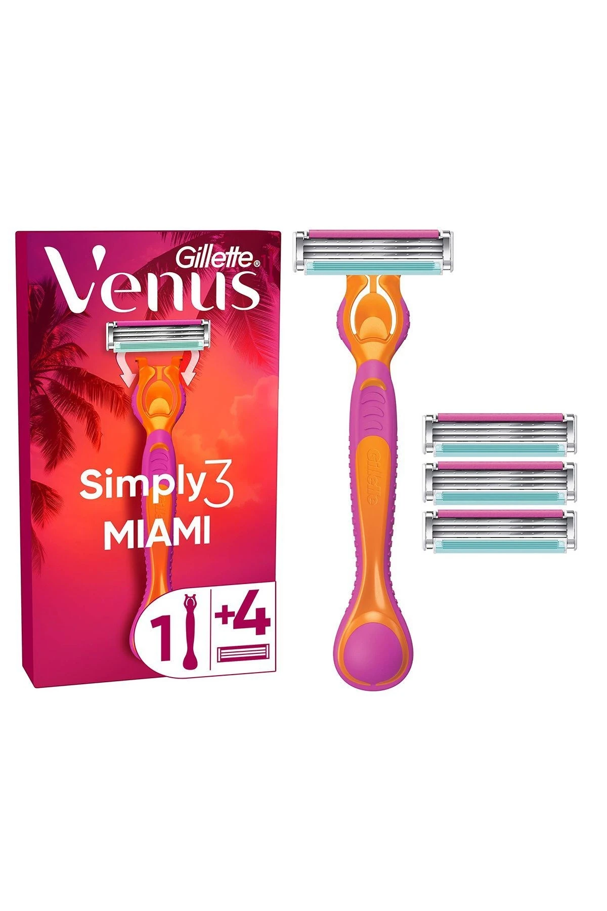 Gillette Venus Simply Venus 3 Miami Tıraş Makinesi Gövdesi + 4 Bıçak