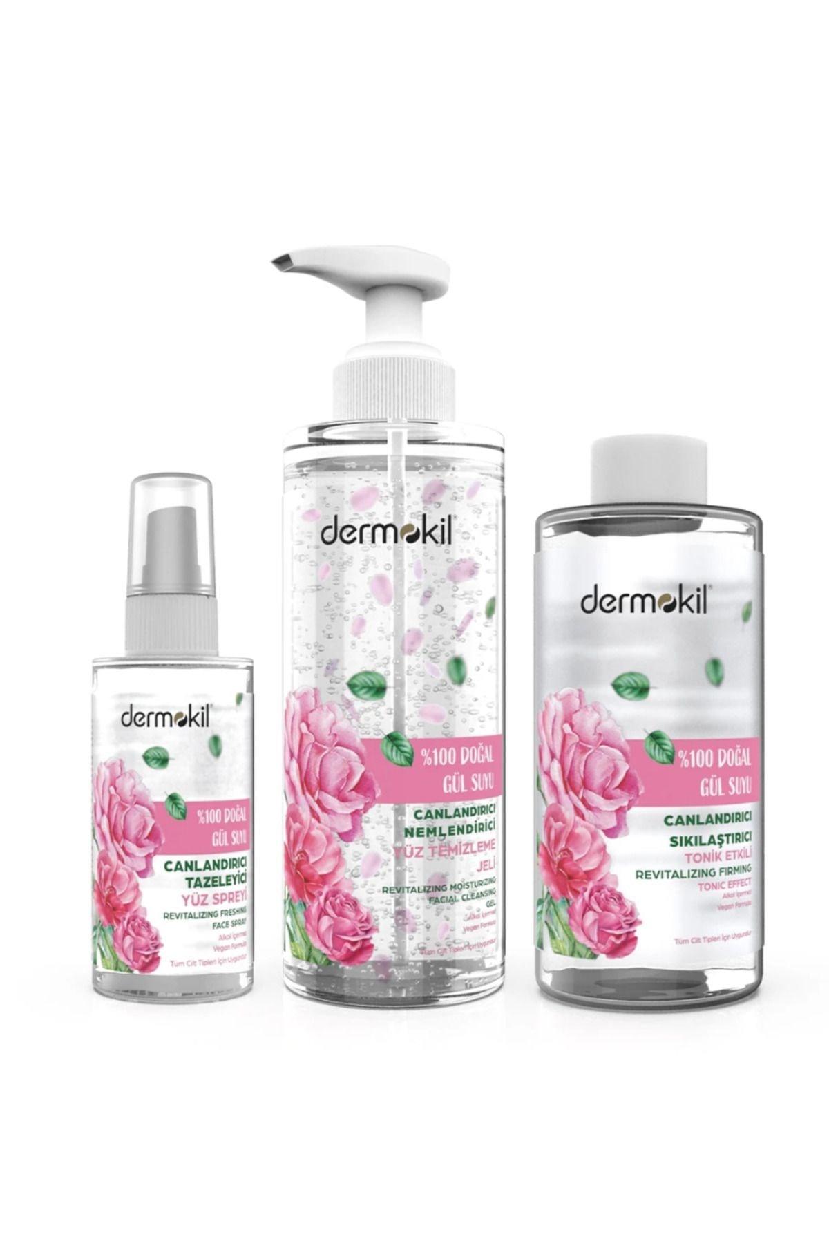 Dermokil %100 Doğal Gül Suyu Cilt Bakım Seti Jel+Tonik+Sprey