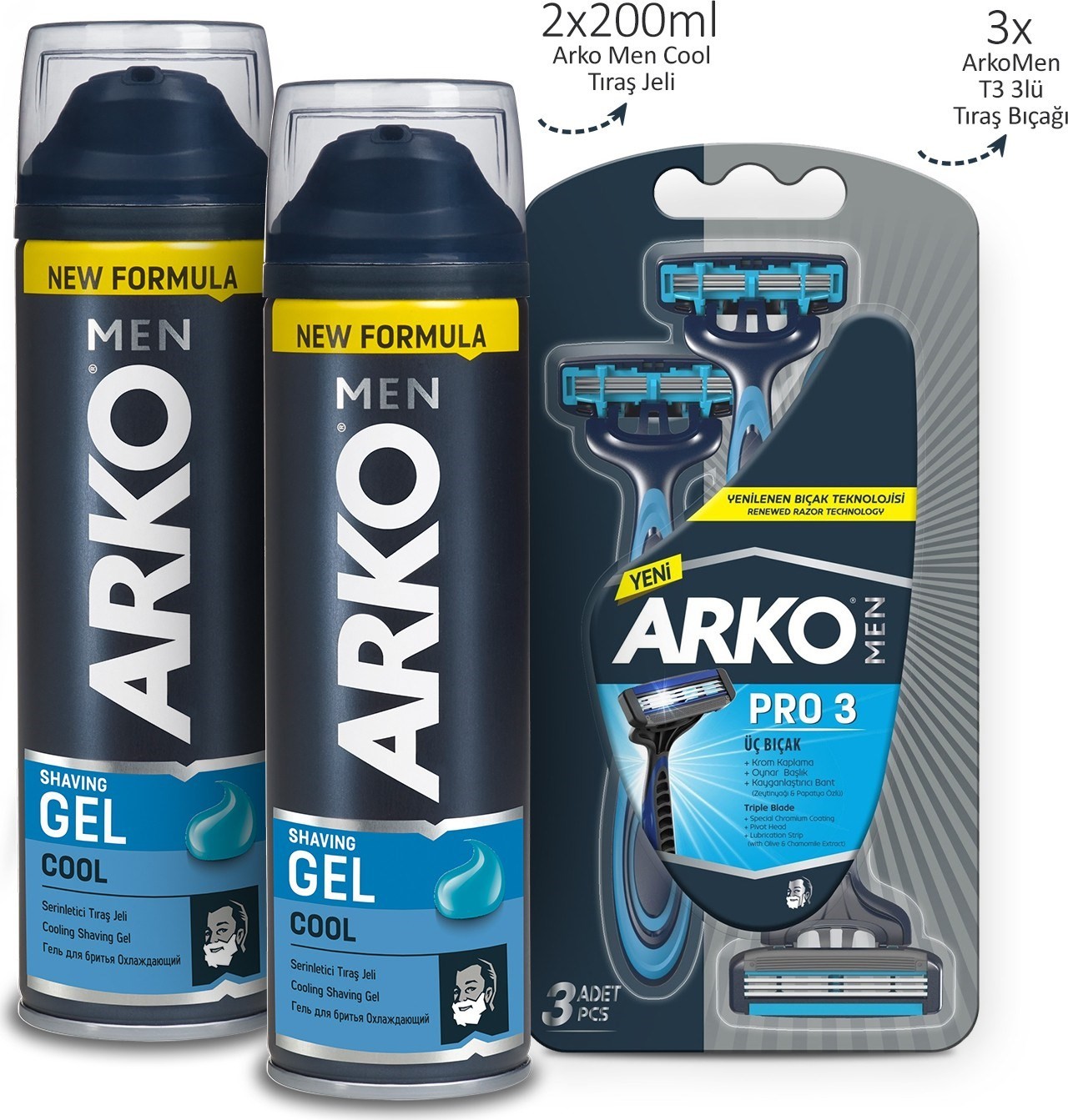 Arko Men Cool Tıraş Jeli 2 x 200 ml ve Arko Men T3 Tıraş Bıçağı 3'lü