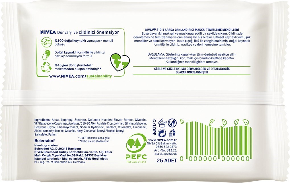 NIVEA 3'ü1 Arada Canlandırıcı Makyaj Temizleme Mendilleri (25Adet),Normal ve Karma Ciltler,Yüz ve Gö
