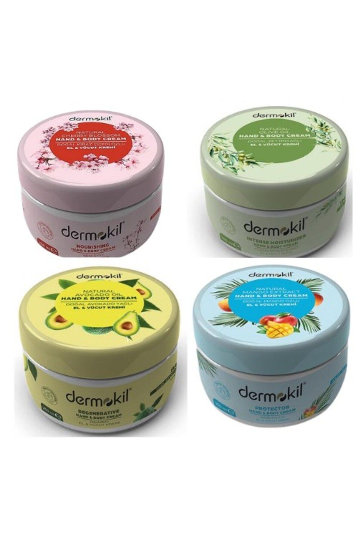 DERMOKİL Avokado Kiraz Çiçeği Mango Özlü Zeytinyağı El ve Vücut Kremi 250 ml 4 Lü Set