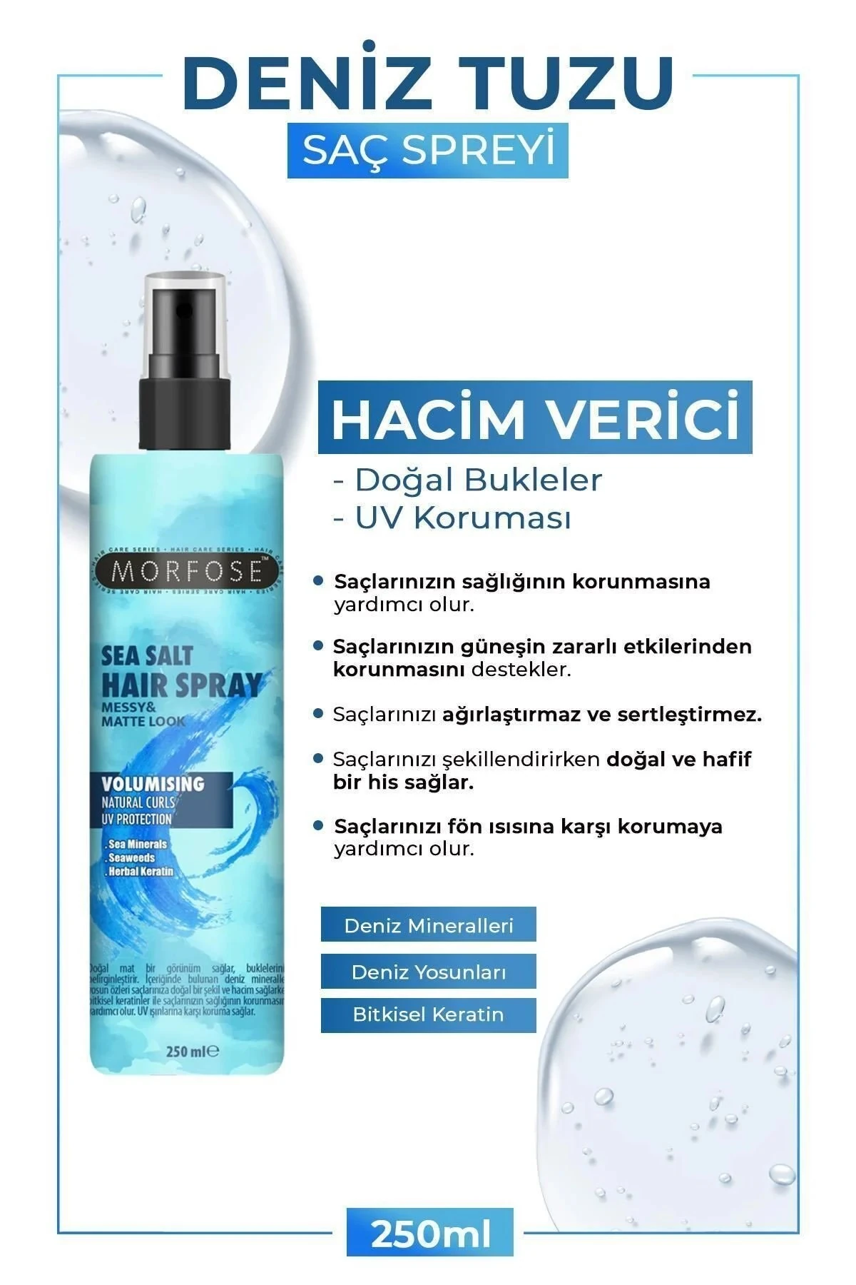 Morfose Deniz Tuzu Saç Spreyi 250 ml - Mat Görünüm, Doğal Dalgalar ve Isıya Karşı Koruma